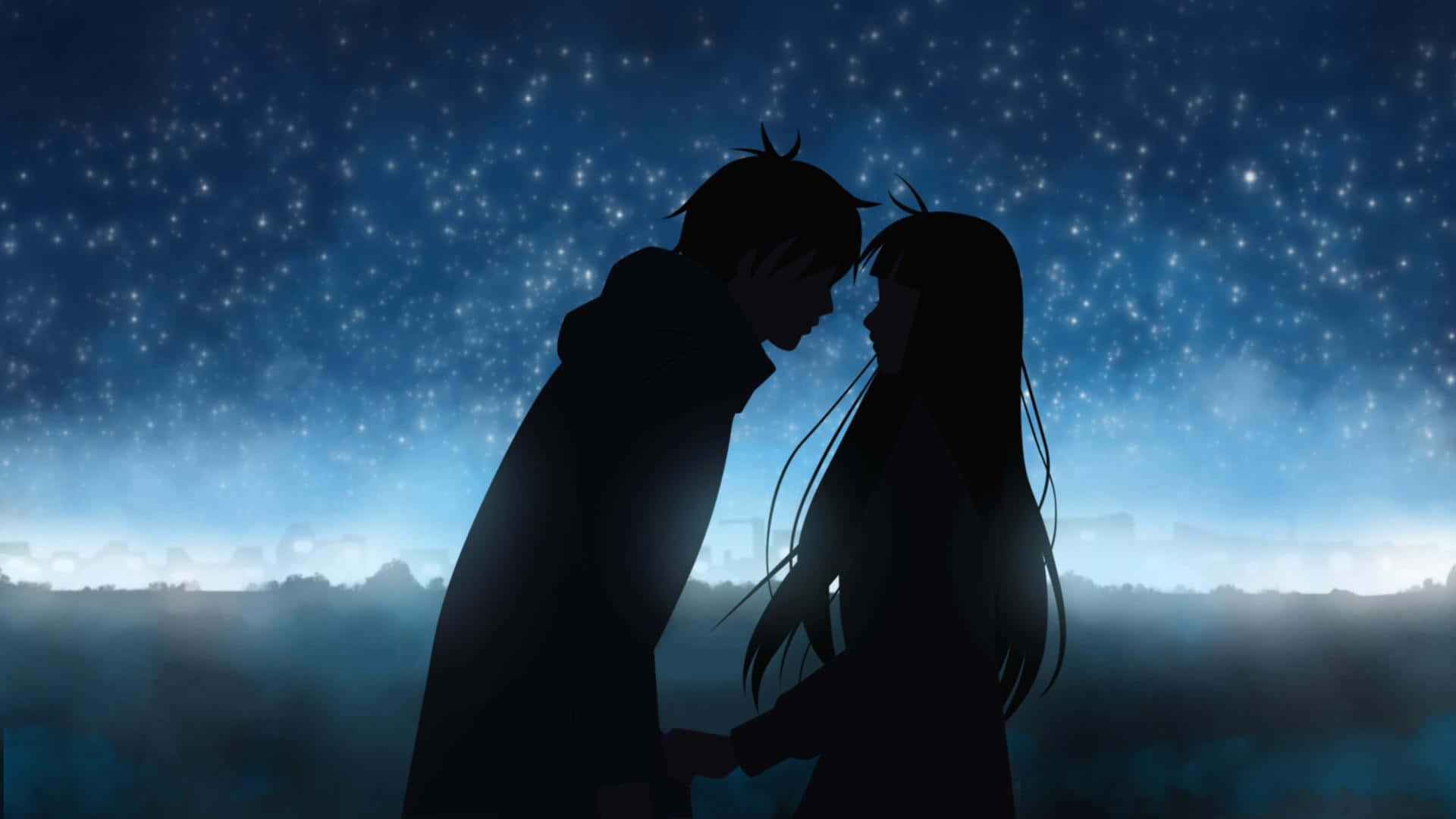 Cute Anime Couple 桌布 壁紙 — 剪影情侶在星空下牽手，地平線上有柔和的藍色光芒。
