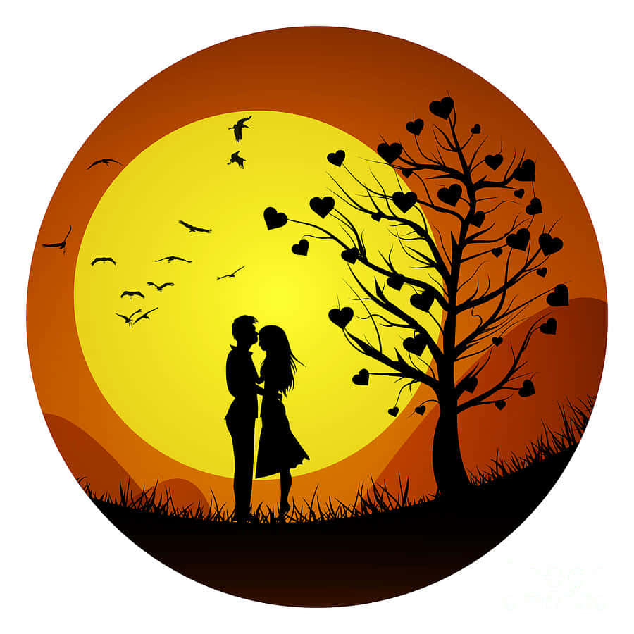 Lovers 桌布 壁紙 — 剪影情侶在裝飾著心形的樹下親吻，背景是發光的日落和飛翔的鳥兒。