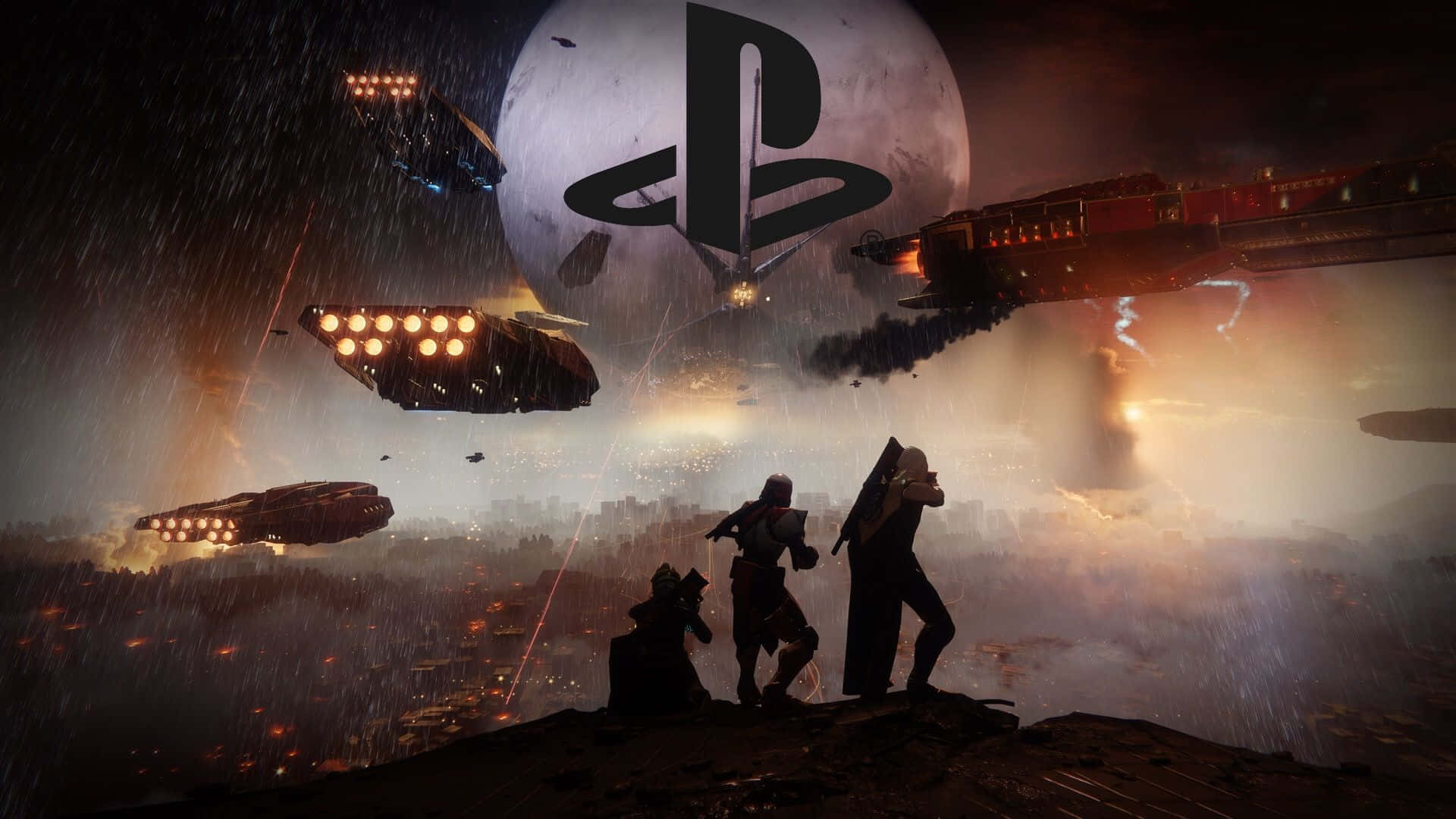 Ps5 Games 桌布 壁紙 — 剪影戰士站在懸崖上，發光的太空船飛過帶有PlayStation標誌的巨型月亮。