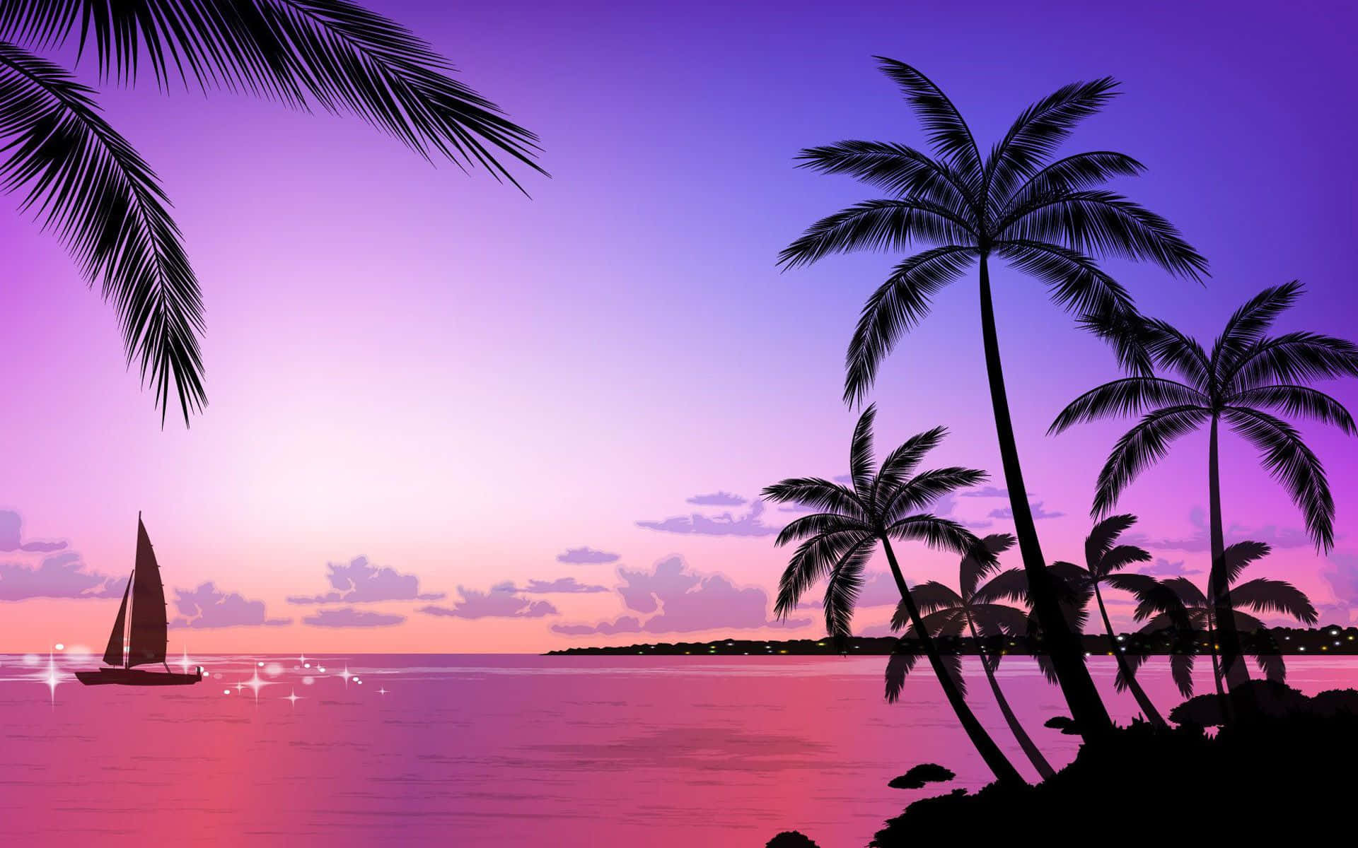 Pink Sunset 桌布 壁紙 — 剪影棕櫚樹環繞著一艘帆船，在閃爍的粉紅和紫色日落海上滑行。