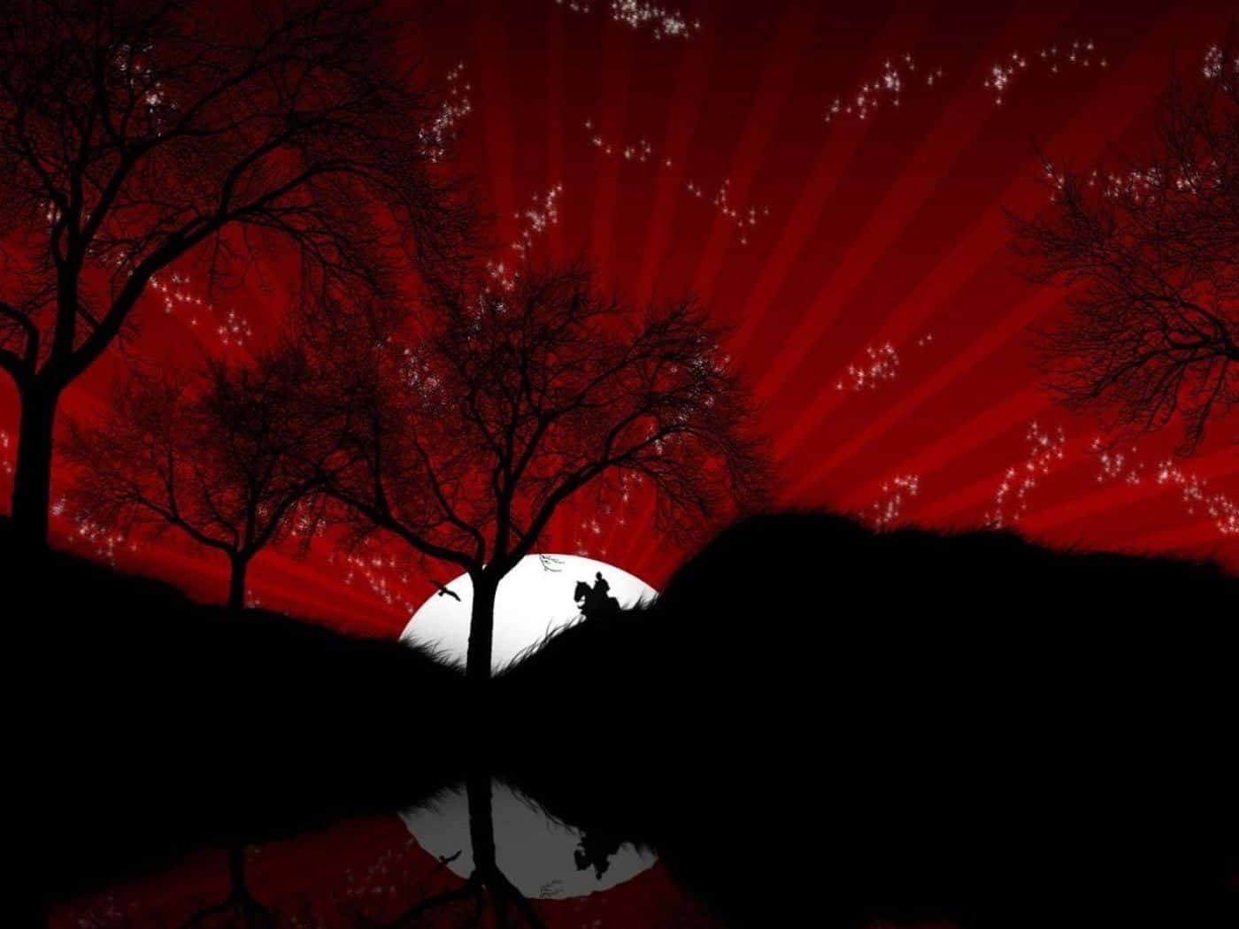 Dark Surrealism 桌布 壁紙 — 剪影樹木和孤獨騎手，背景是閃爍星星和發光月亮的燦爛紅色天空。