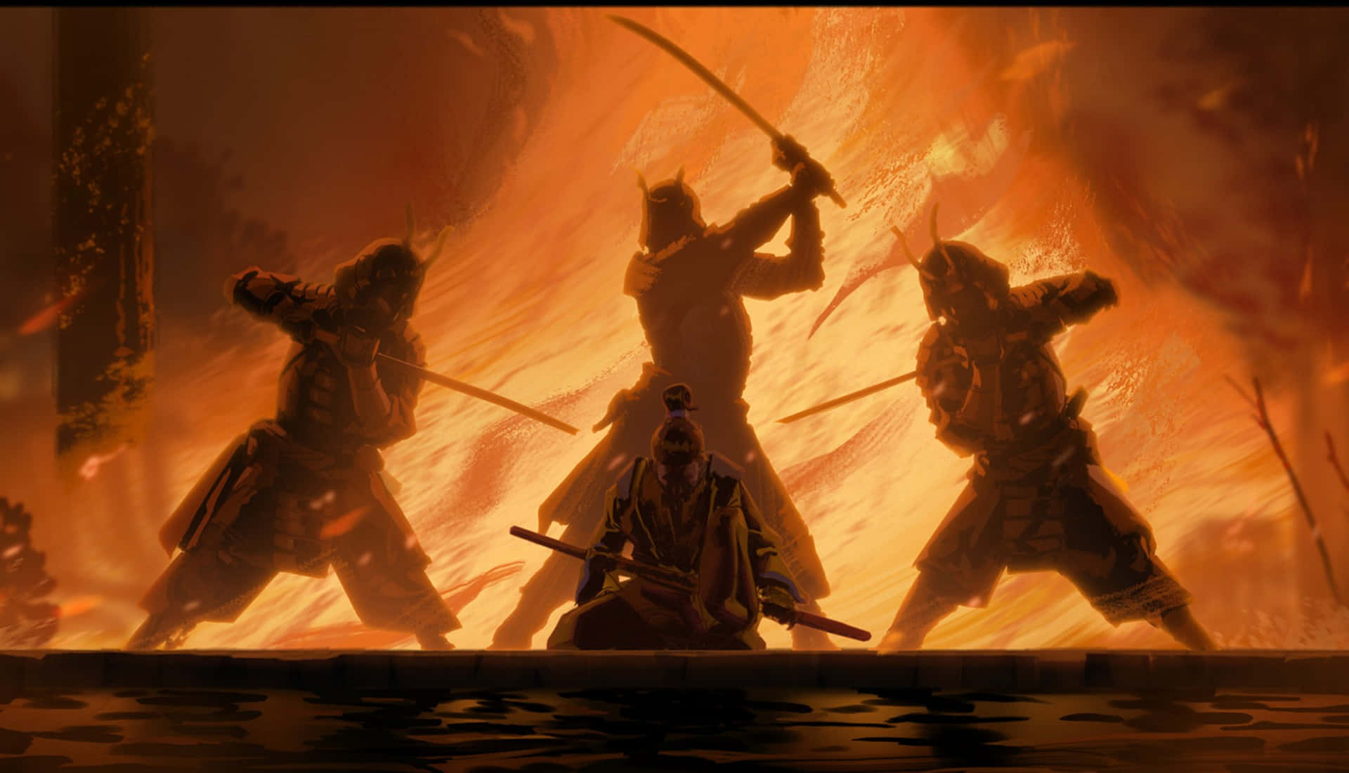 Feudal Japan 桌布 壁紙 — 剪影武士在熾熱的橙色光芒中交戰，背景是下方黑暗水面倒映的動盪天空。