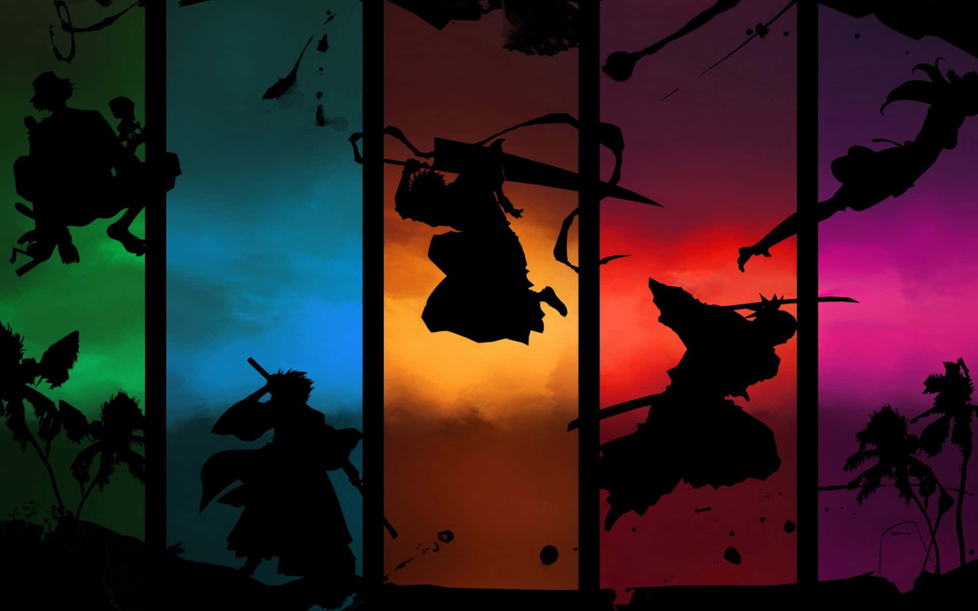 heroes 桌布 壁紙 — 剪影武士武士跳過充滿活力的垂直面板，呈現從綠色到洋紅色的日落色調。