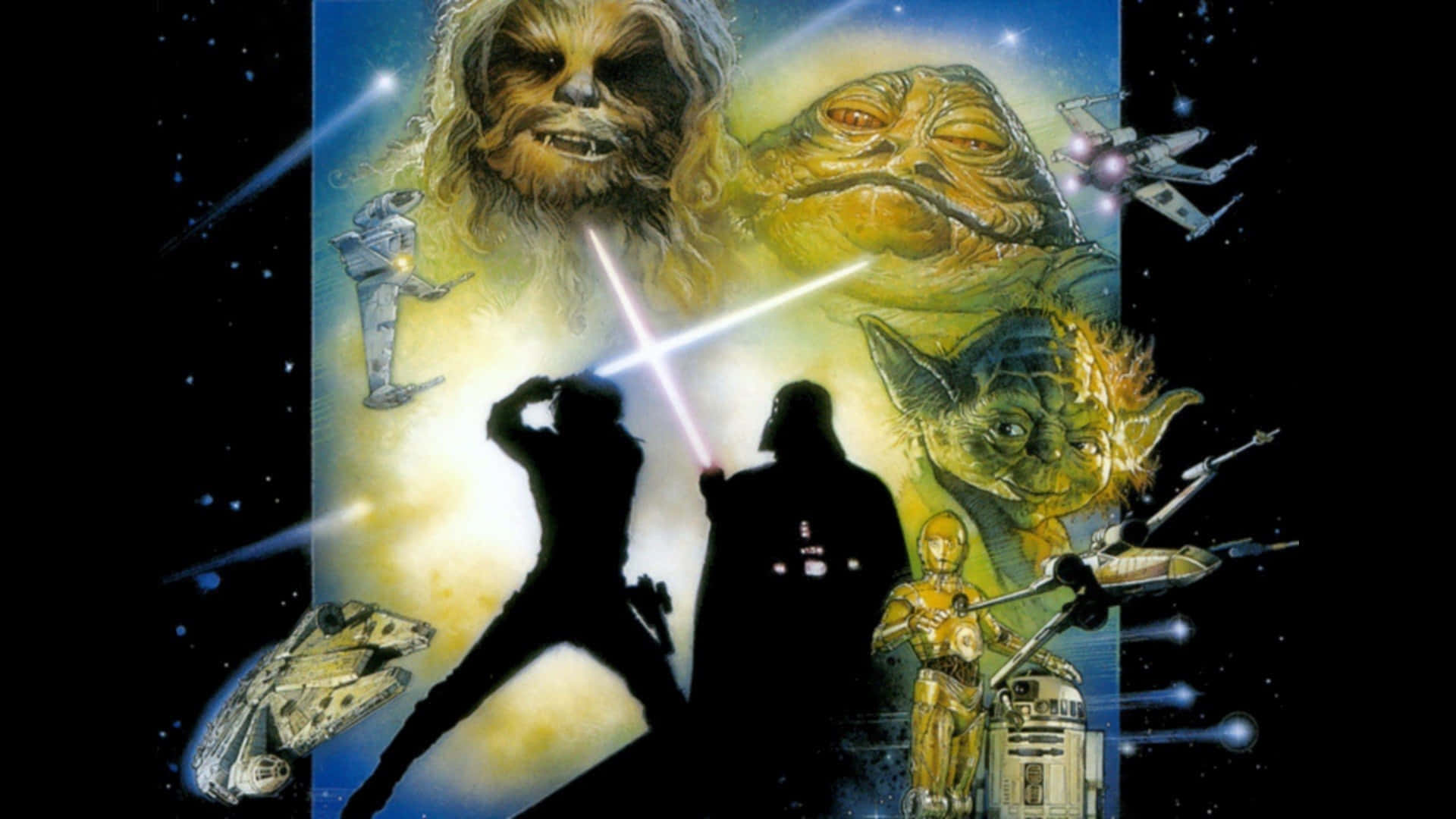 Return Of The Jedi 桌布 壁紙 — 剪影決鬥者用光劍對戰，背景是宇宙，展示標誌性的星球大戰角色和太空船。