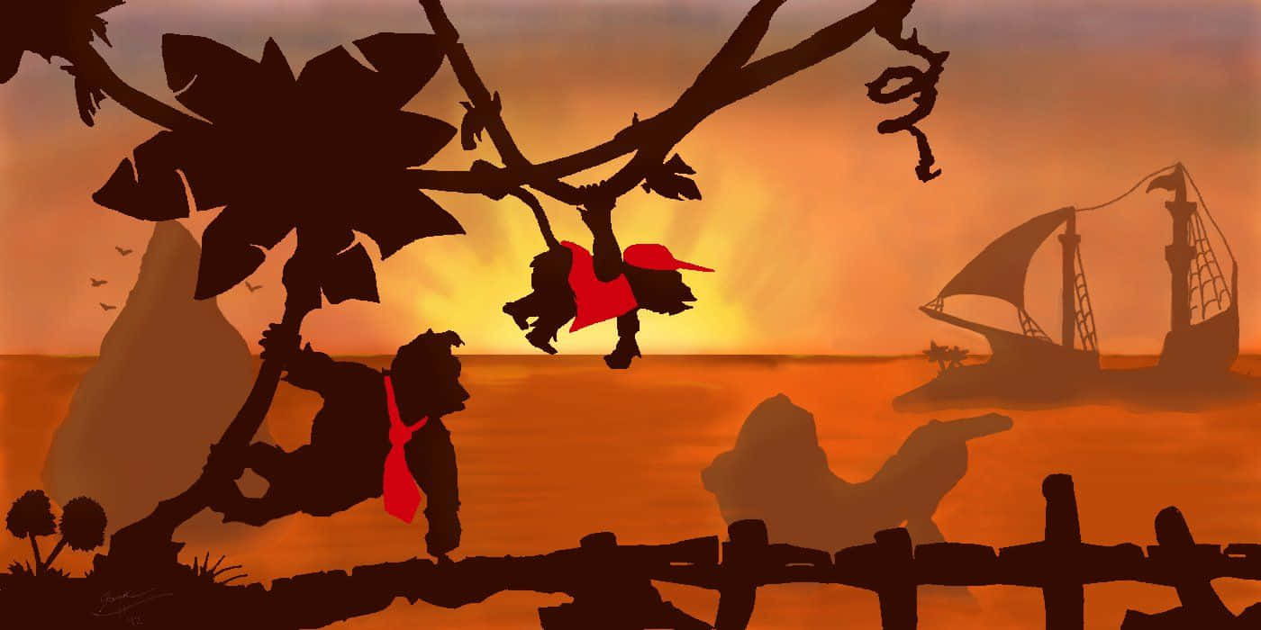 Diddy Kong 桌布 壁紙 — 剪影海盜在熱帶島嶼上，在遠處有船隻的背景下，於樹枝間盪來盪去，襯著熾熱的夕陽。