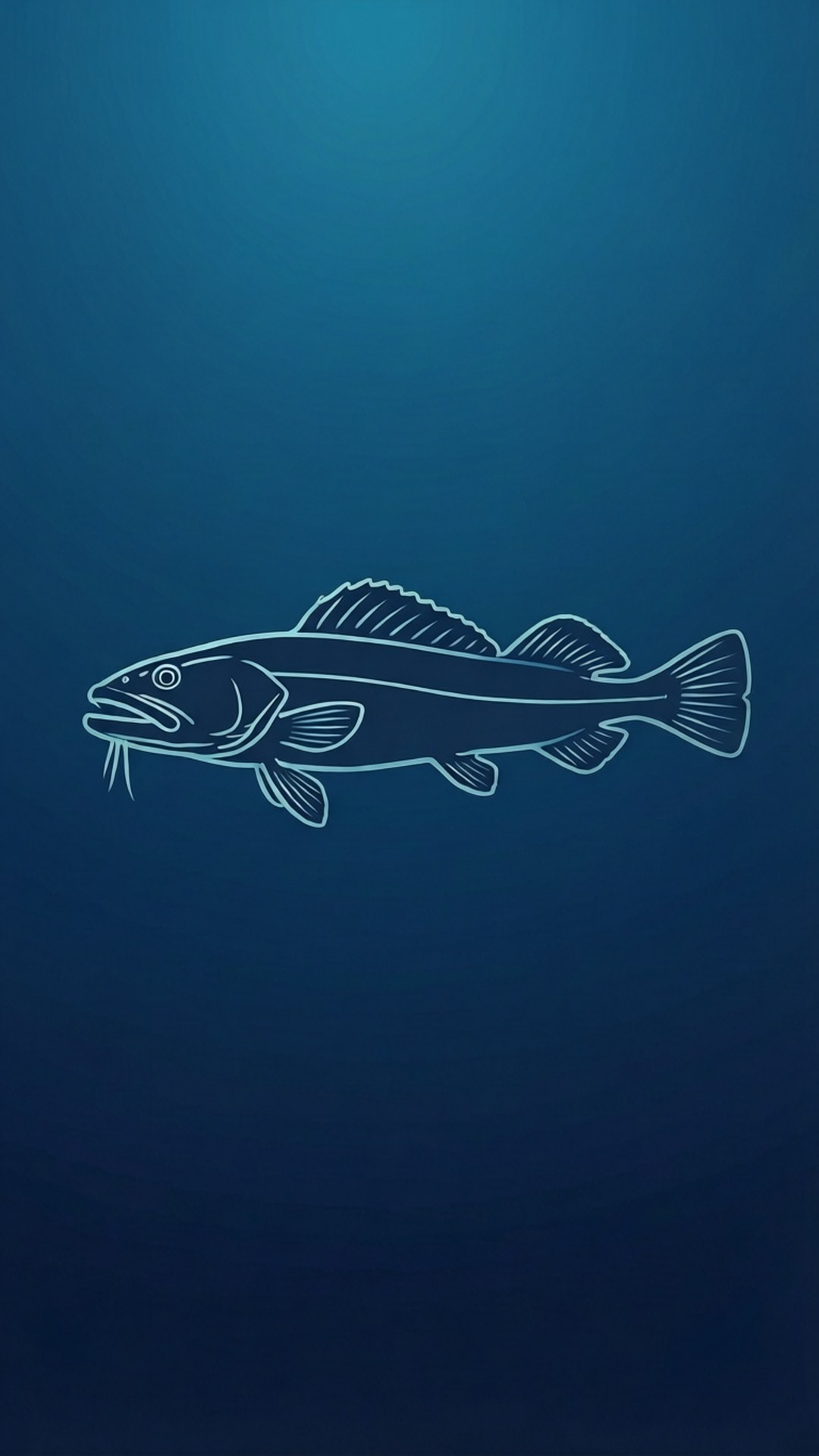 白色線條藝術的鱈魚在深藍色海洋水中游泳。