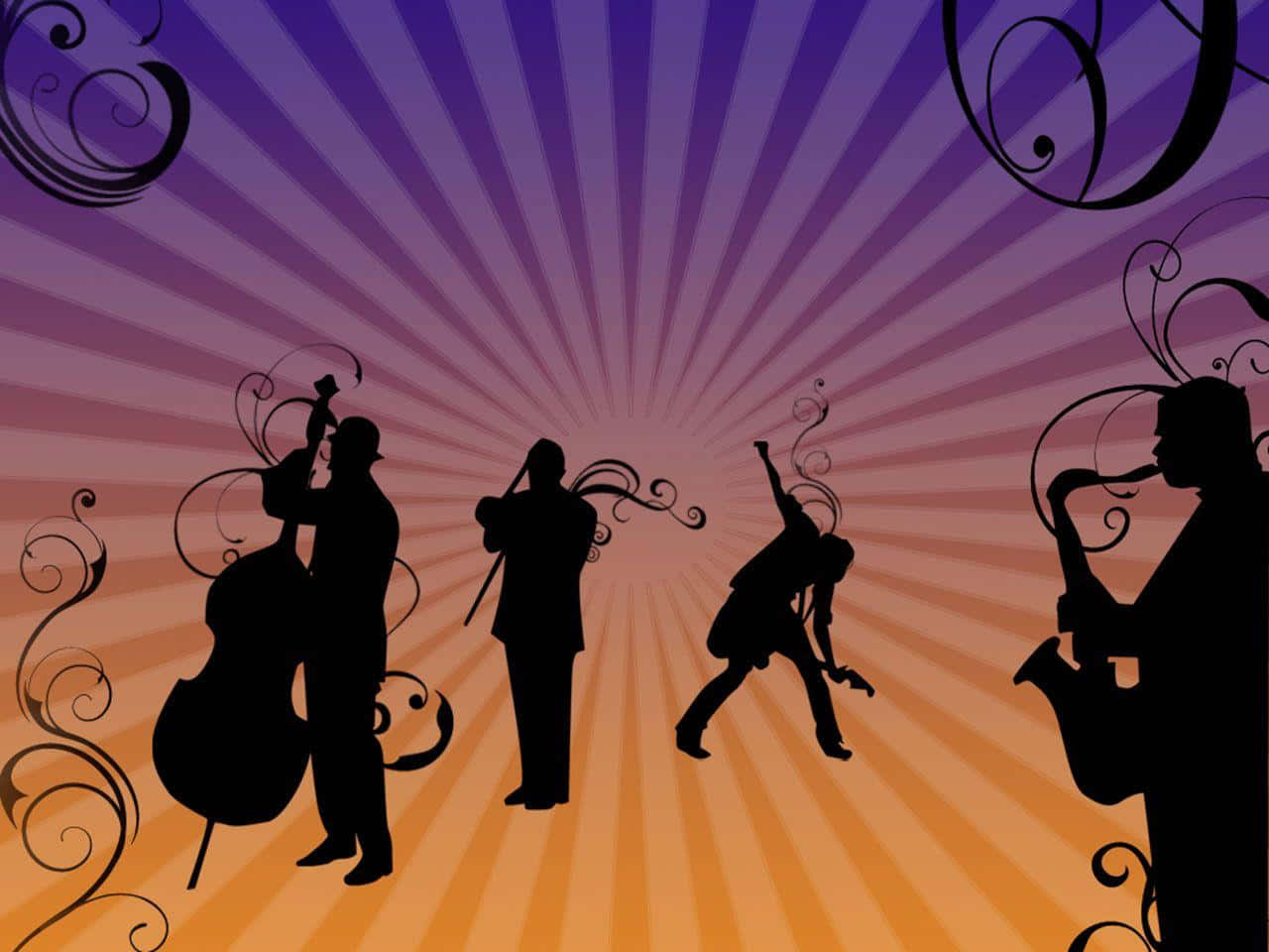 Jazz 桌布 壁紙 — 剪影爵士樂手配以旋轉花紋，襯托出耀眼的紫色和橙色太陽爆發背景。