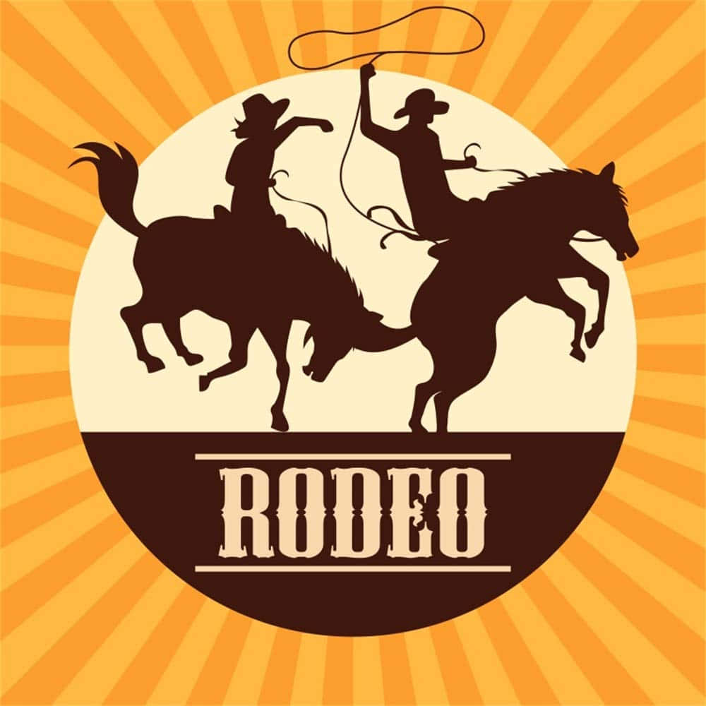 Rodeo 桌布 壁紙 — 剪影牛仔騎在狂野的野馬上，背景是太陽爆發，下方有 'RODEO' 文字。