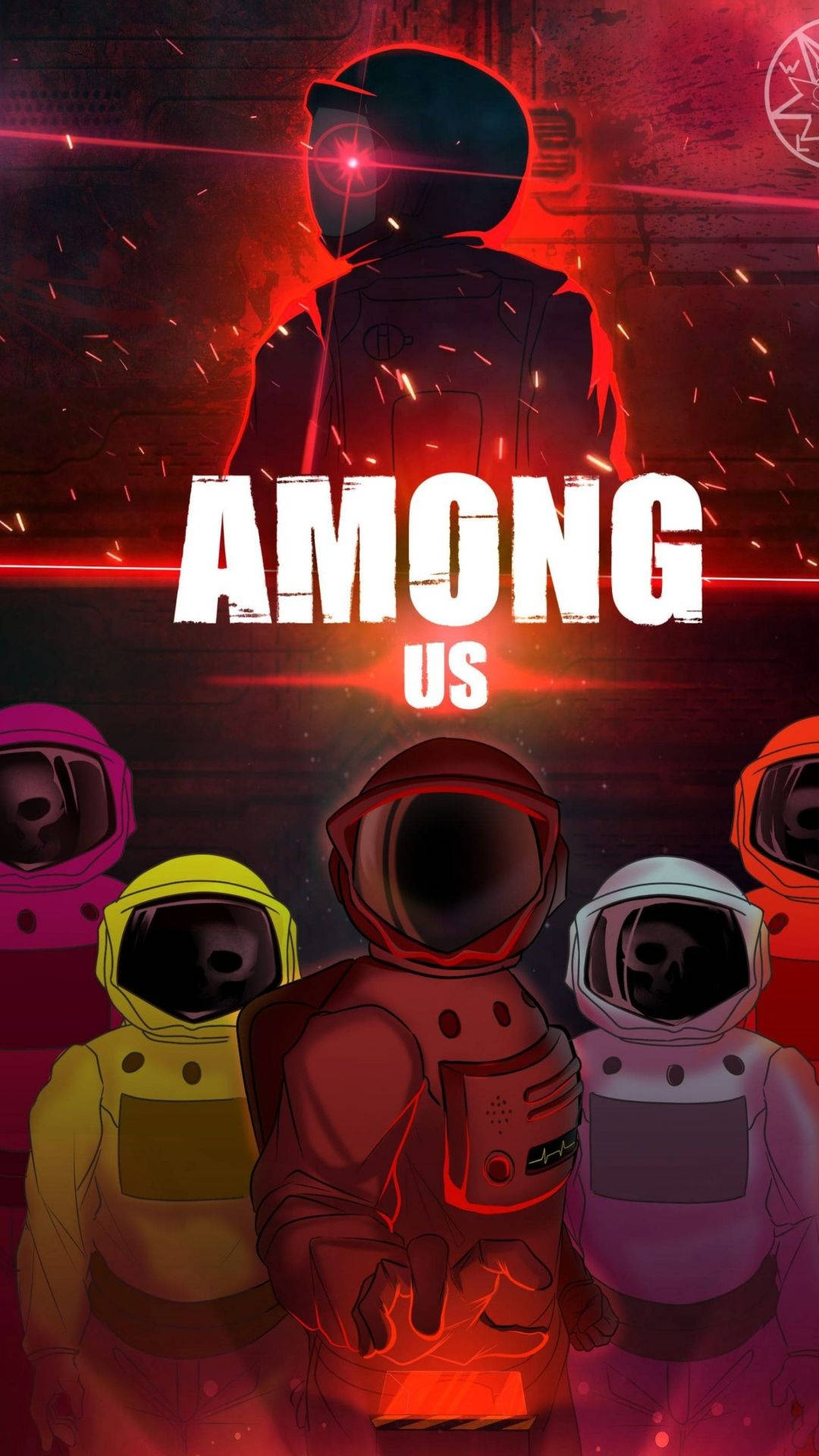 Among US 桌布 壁紙 — 剪影的太空人身穿彩色太空衣，站在紅色燈光的太空船前，火花四濺，眼睛發光。