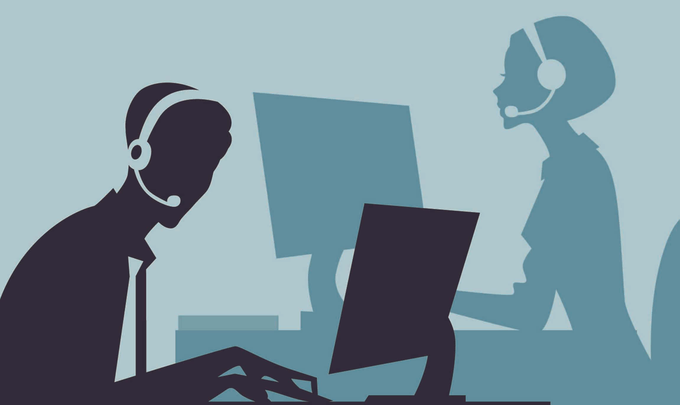 Telemarketing 桌布 壁紙 — 剪影的客戶服務人員戴著耳機在柔和的藍色背景前使用電腦工作。