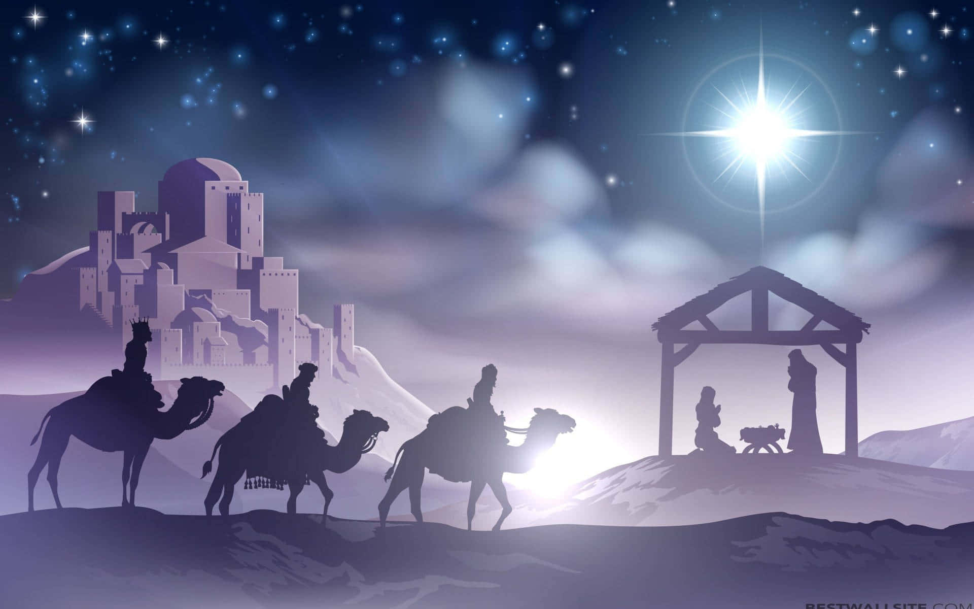 Nativity Scene 桌布 壁紙 — 剪影的智者騎著駱駝，朝著馬槽場景上方一顆閃耀的星星前進，遠處有城堡，背景是繁星點點的夜空。