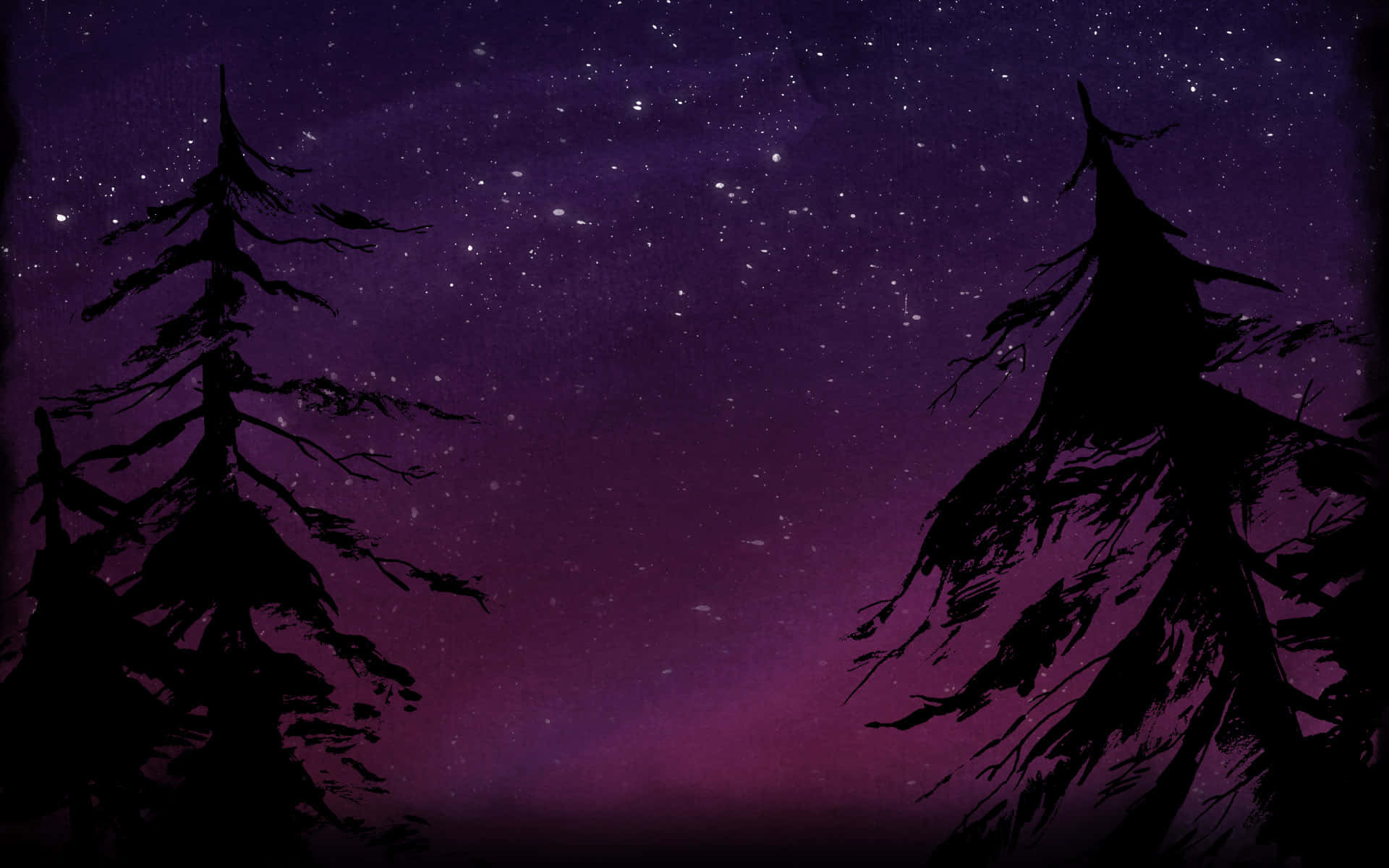 Profile 桌布 壁紙 — 剪影的松樹框住了一個充滿活力的紫色星空，帶有微妙的漸變色調。