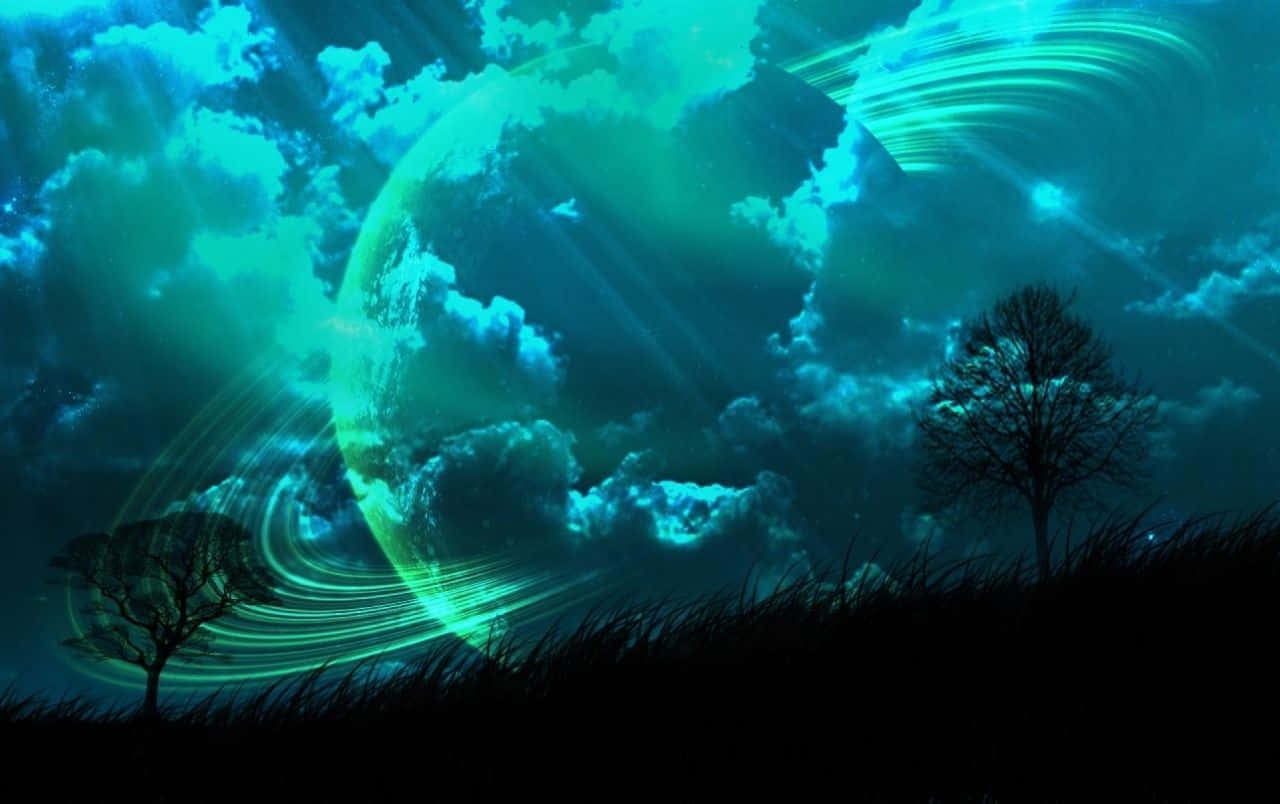 Dark Nature 桌布 壁紙 — 剪影的樹木和草仰望一顆發光的外星行星，帶有旋轉的光環和穿透藍綠色雲層的輻射光束。