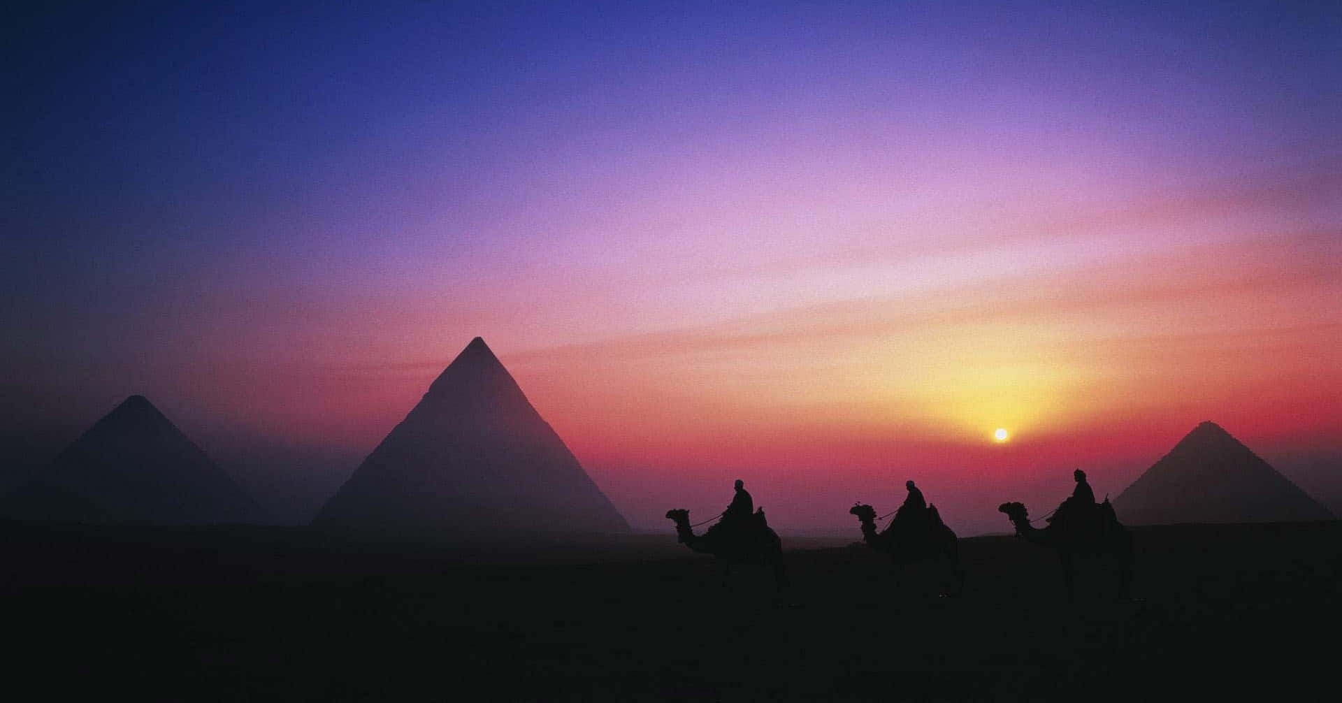 Egypt 桌布 壁紙 — 剪影的駱駝和騎手在吉薩標誌性金字塔下，於日落時分穿越沙漠，背景是充滿活力的紫色和橙色天空。