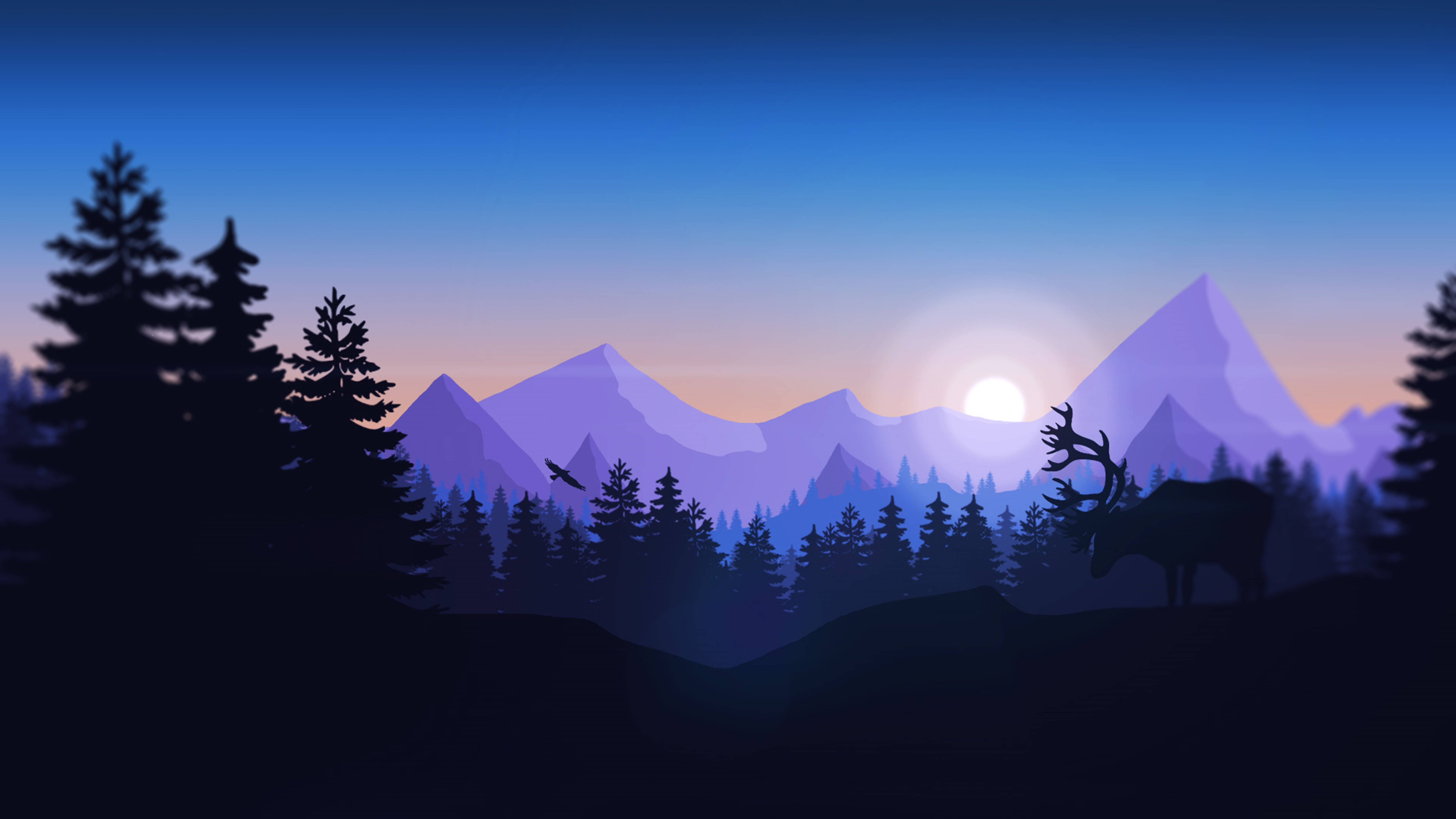 Mountain 桌布 壁紙 — 剪影的鹿和松樹站在紫色的山前，明亮的太陽在寧靜的森林上空升起。
