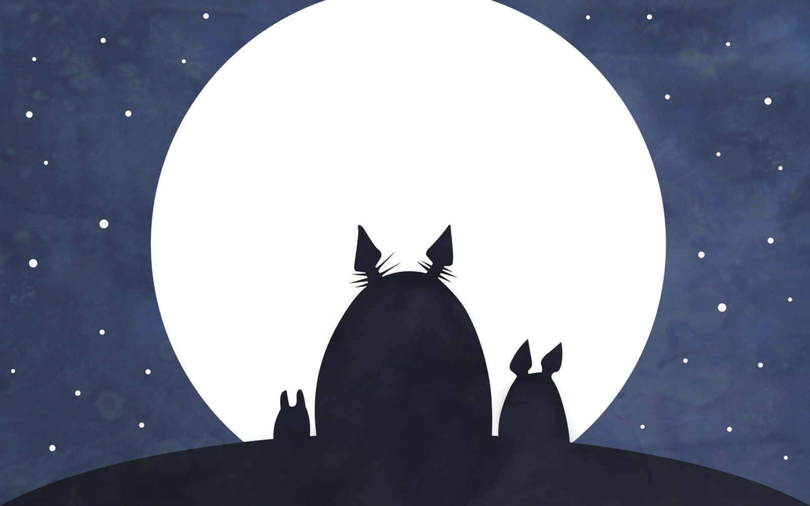my neighbor totoro 桌布 壁紙 — 剪影的龍貓角色仰望巨大滿月，背景是繁星點點的夜空。