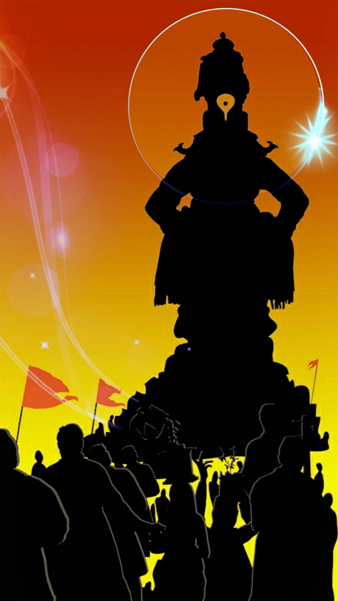 India 桌布 壁紙 — 剪影般的信徒聚集在一座高聳的神像腳下，背景是絢麗的橙黃色日落天空，帶有發光效果。