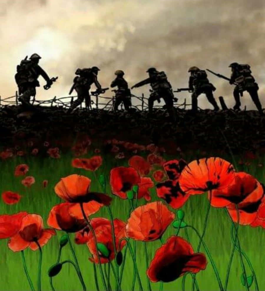 陣亡將士紀念日 桌布 壁紙 — 剪影般的士兵在戰火摧殘的戰壕中前進，下方盛開著鮮紅的罌粟花，形成強烈對比。