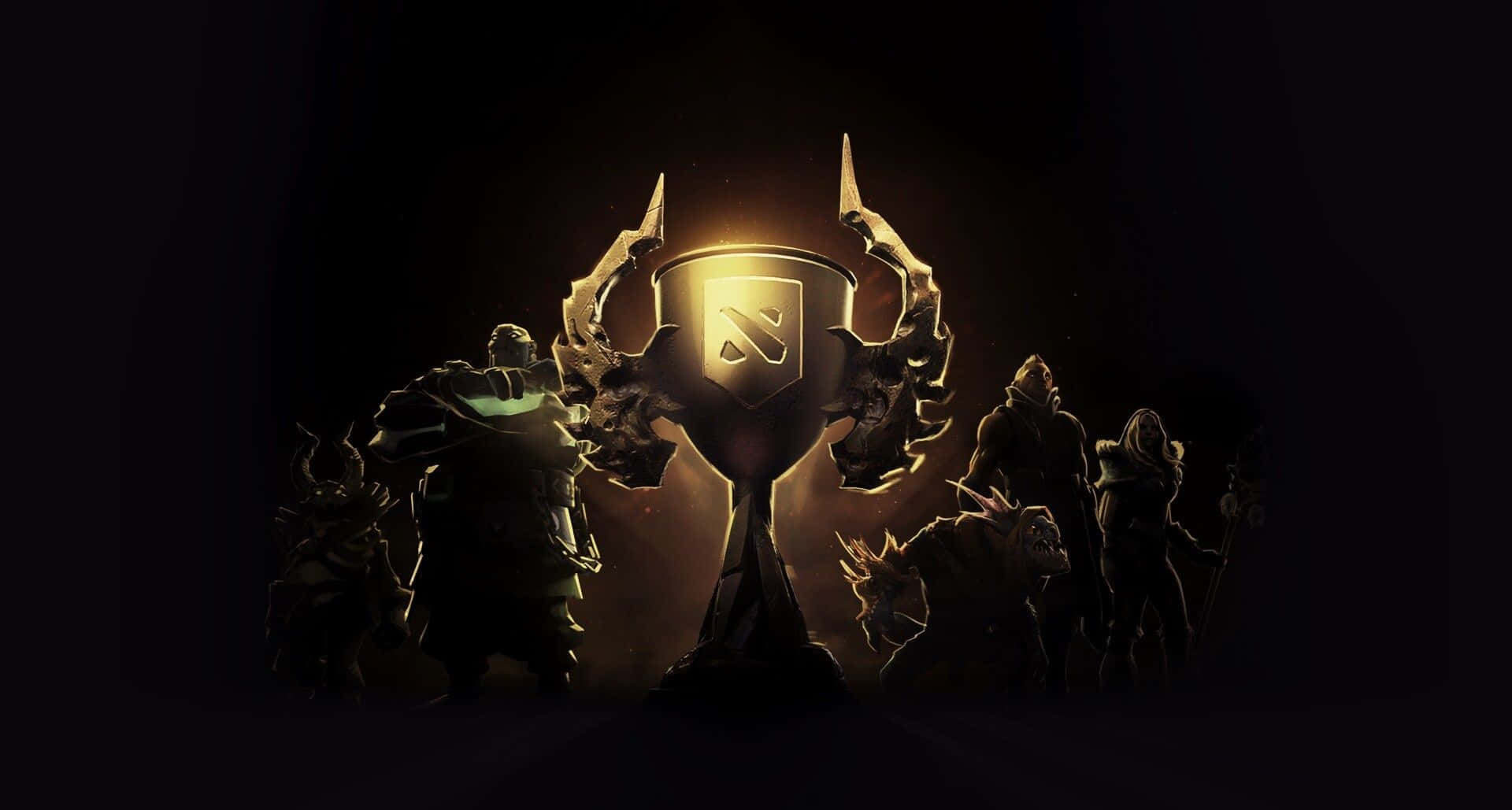 Dota 桌布 壁紙 — 剪影般的奇幻戰士在黑暗背景下敬畏地圍繞著發光的金色 Dota 2 冠軍獎盃。