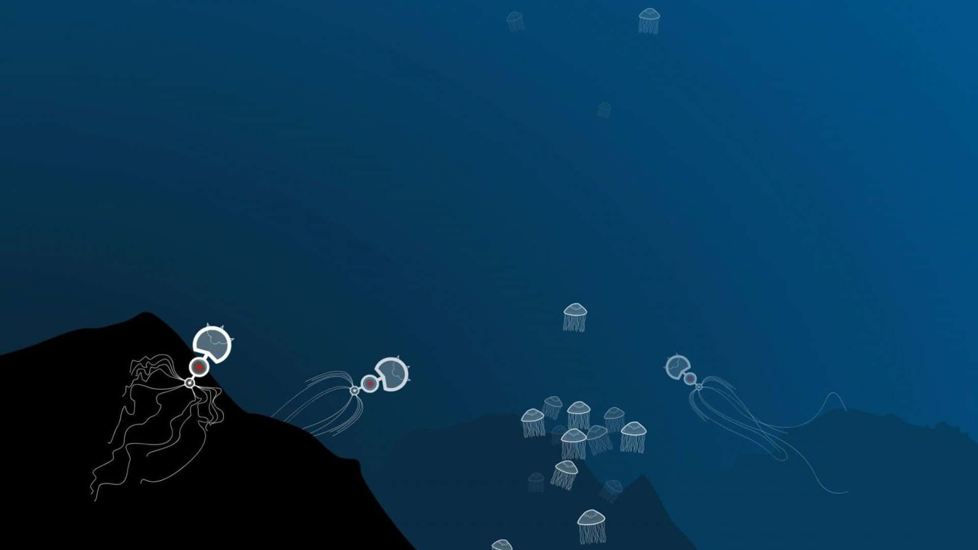 Minimalist Ocean 桌布 壁紙 — 剪影般的水下懸崖與生物發光的水母在深藍色海洋中漂流發光。