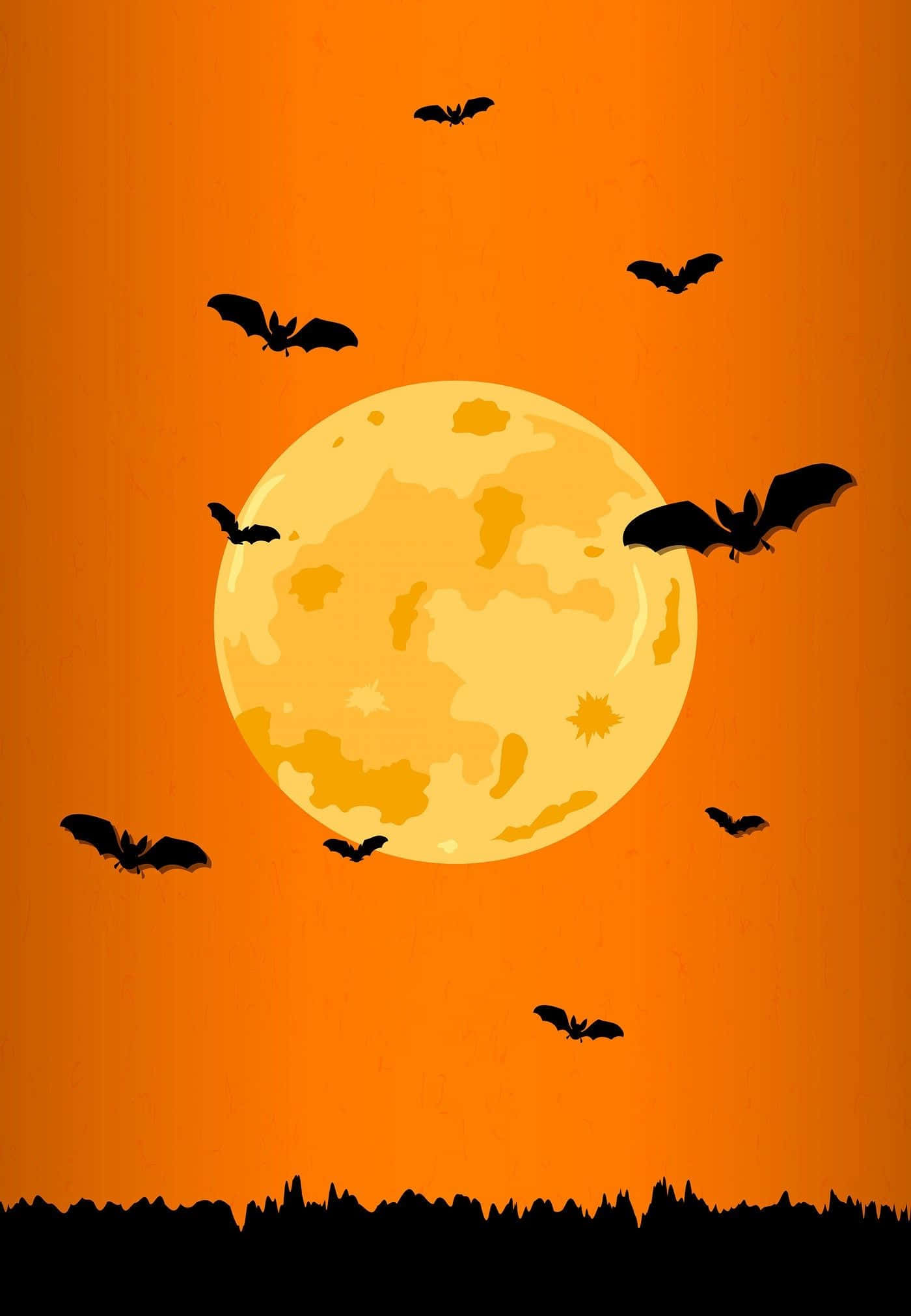 Orange Halloween 桌布 壁紙 — 剪影蝙蝠在紋理豐富的滿月周圍飛翔，襯托著充滿活力的橙色萬聖節天空。