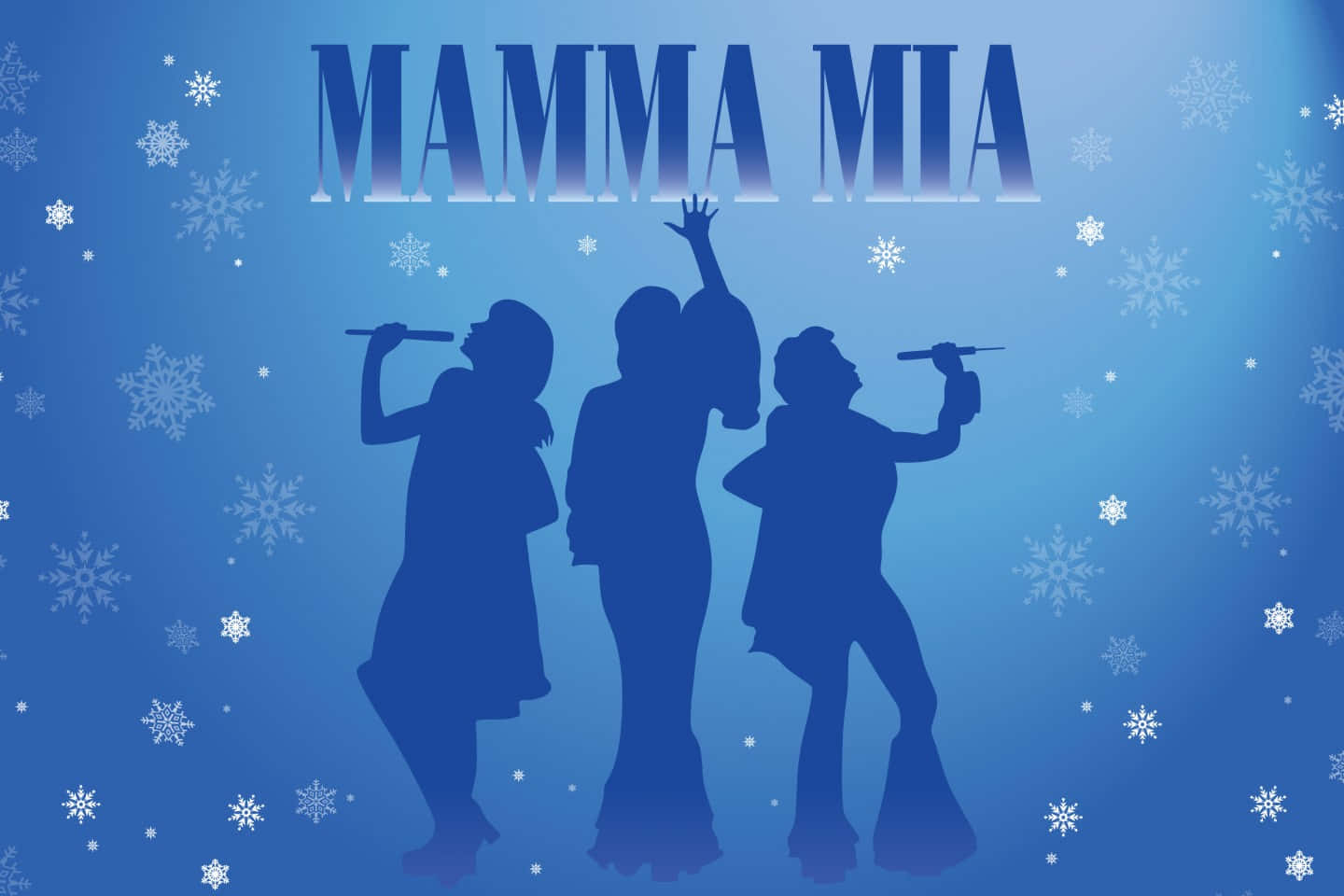 Mamma Mia 桌布 壁紙 — 剪影表演者在飄落的雪花下，在漸變藍色背景上唱著「MAMMA MIA」文字。