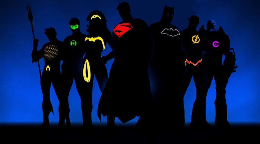 Justice League Unlimited 桌布 壁紙 — 剪影超級英雄站在深藍色背景前，胸前帶有發光標誌。
