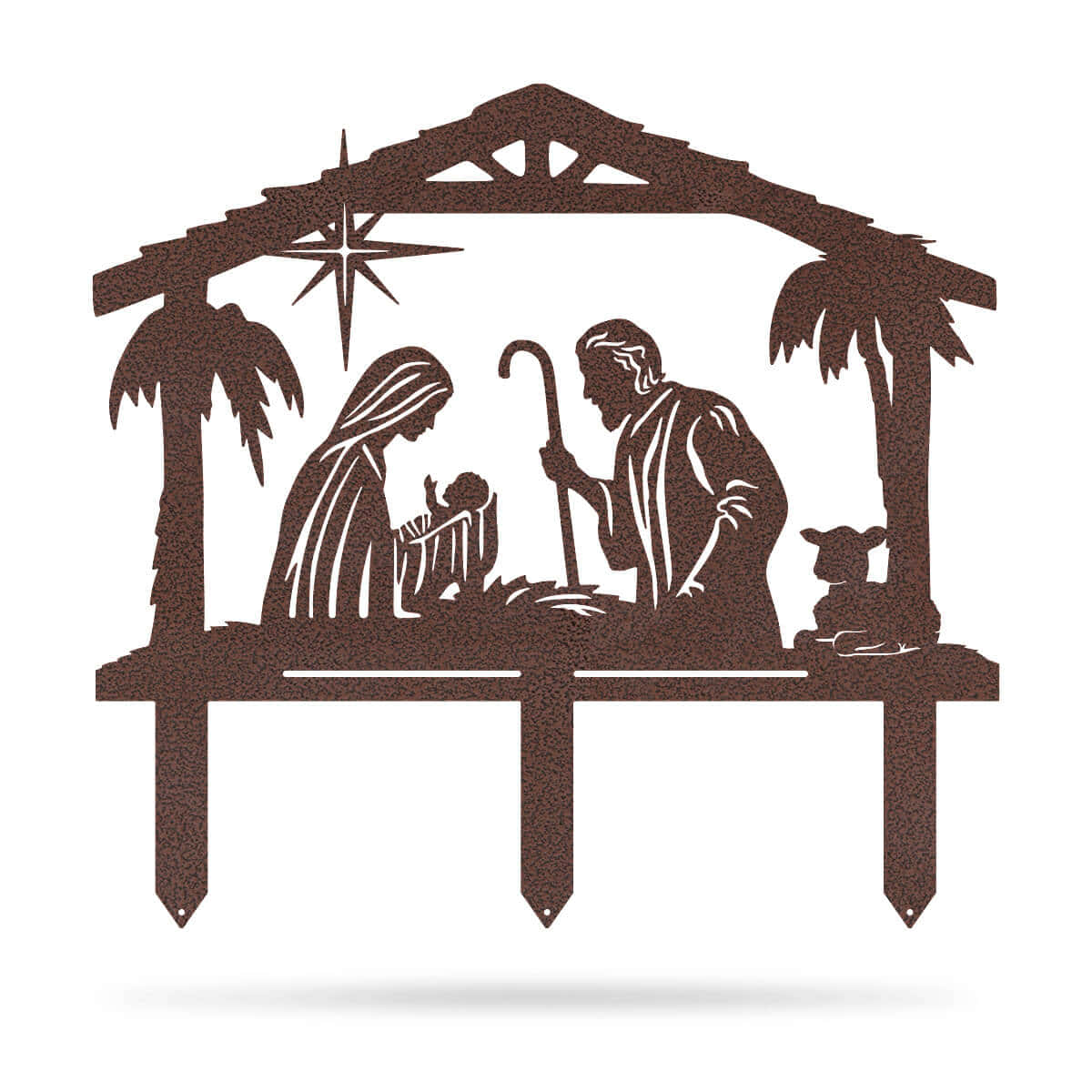 Nativity Scene 桌布 壁紙 — 剪影金屬藝術描繪了馬利亞、約瑟和嬰兒耶穌在一個有棕櫚樹和上方星星的馬廄裡。