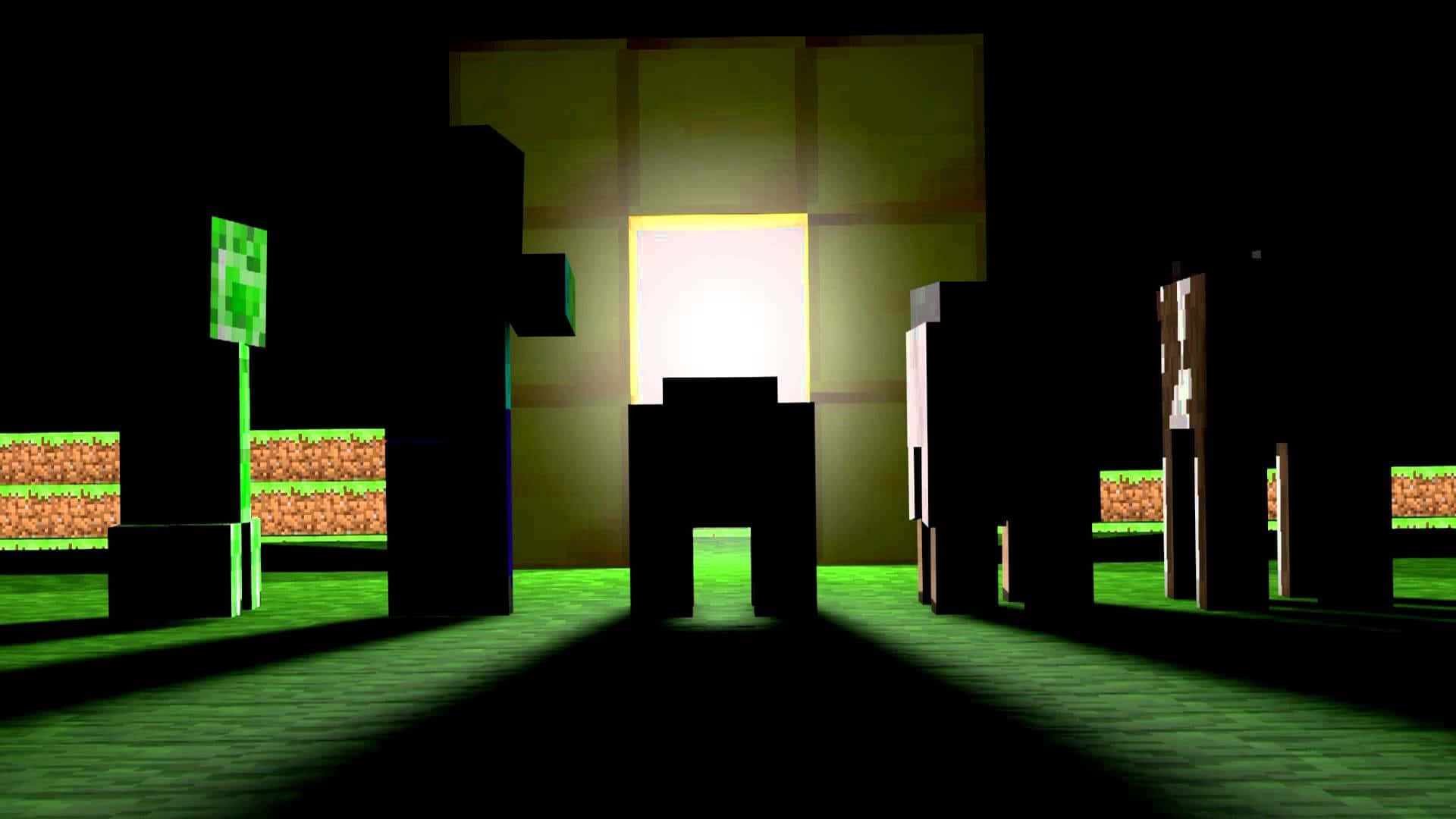 夜晚發光門口附近的Minecraft角色剪影。