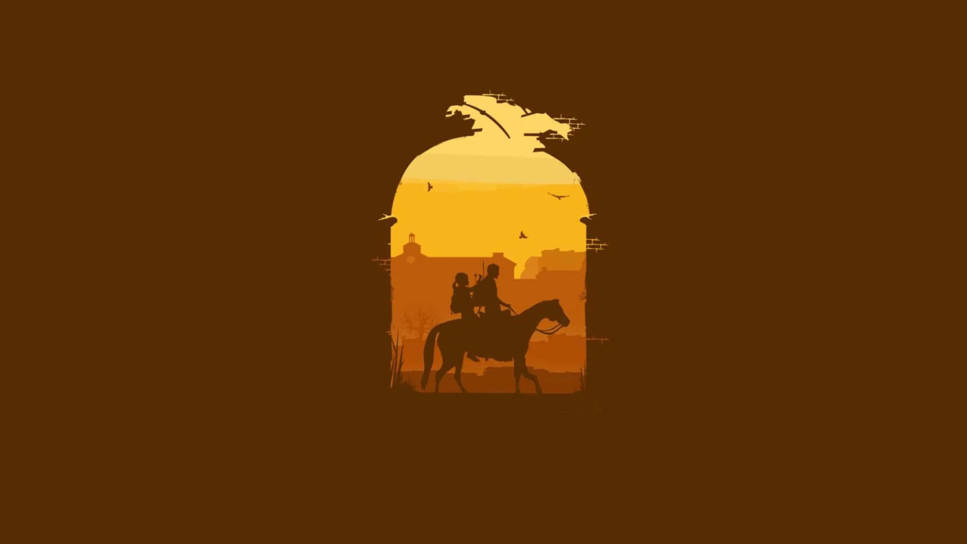 Minimalist Animal 桌布 壁紙 — 剪影騎士騎著馬穿過風化的拱門，背景是溫暖的日落天空。