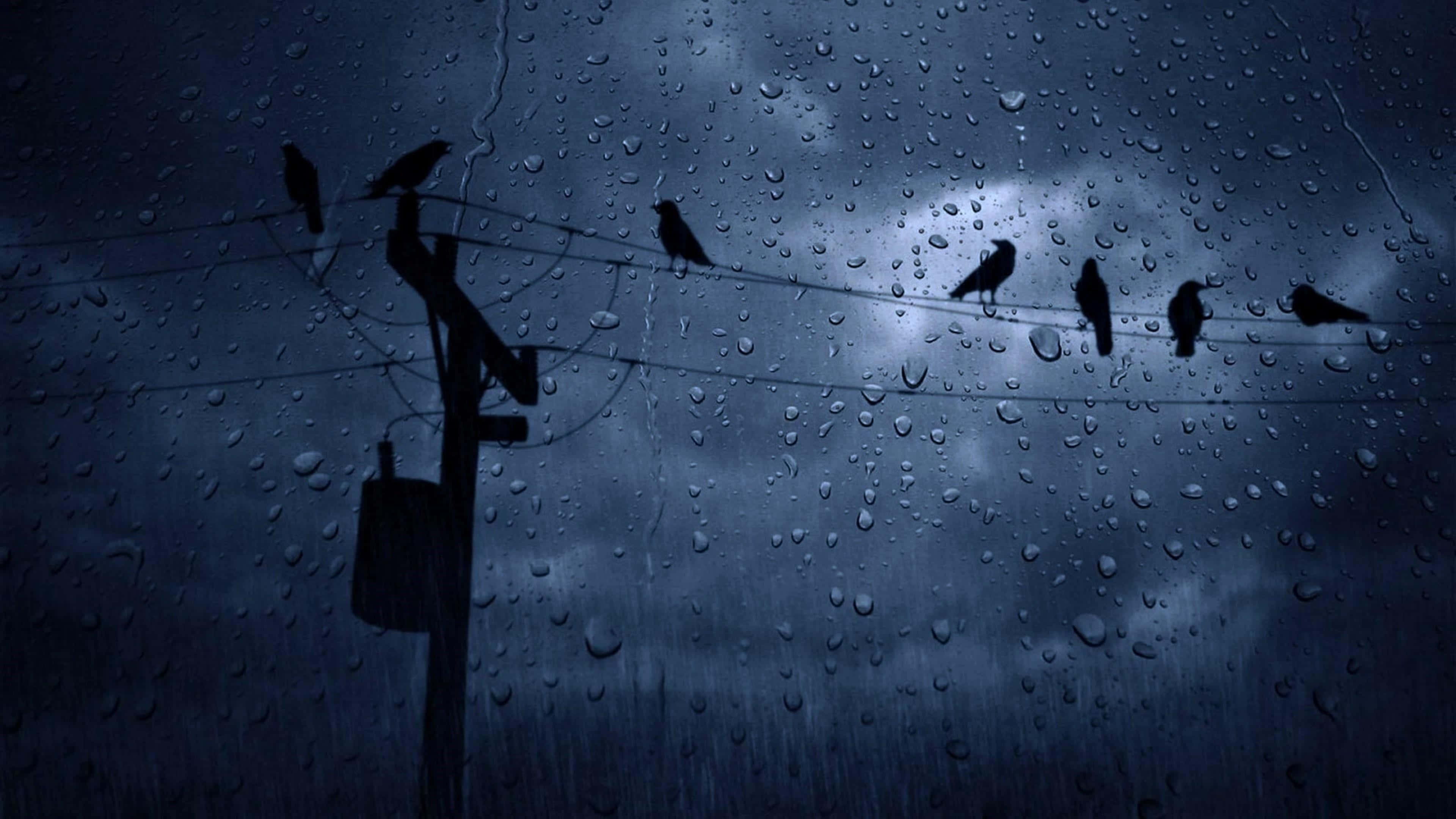 Raining 桌布 壁紙 — 剪影鳥兒棲息在濕滑的電線上，背景是暴風雨的夜空，透過沾滿水珠的窗戶觀看。