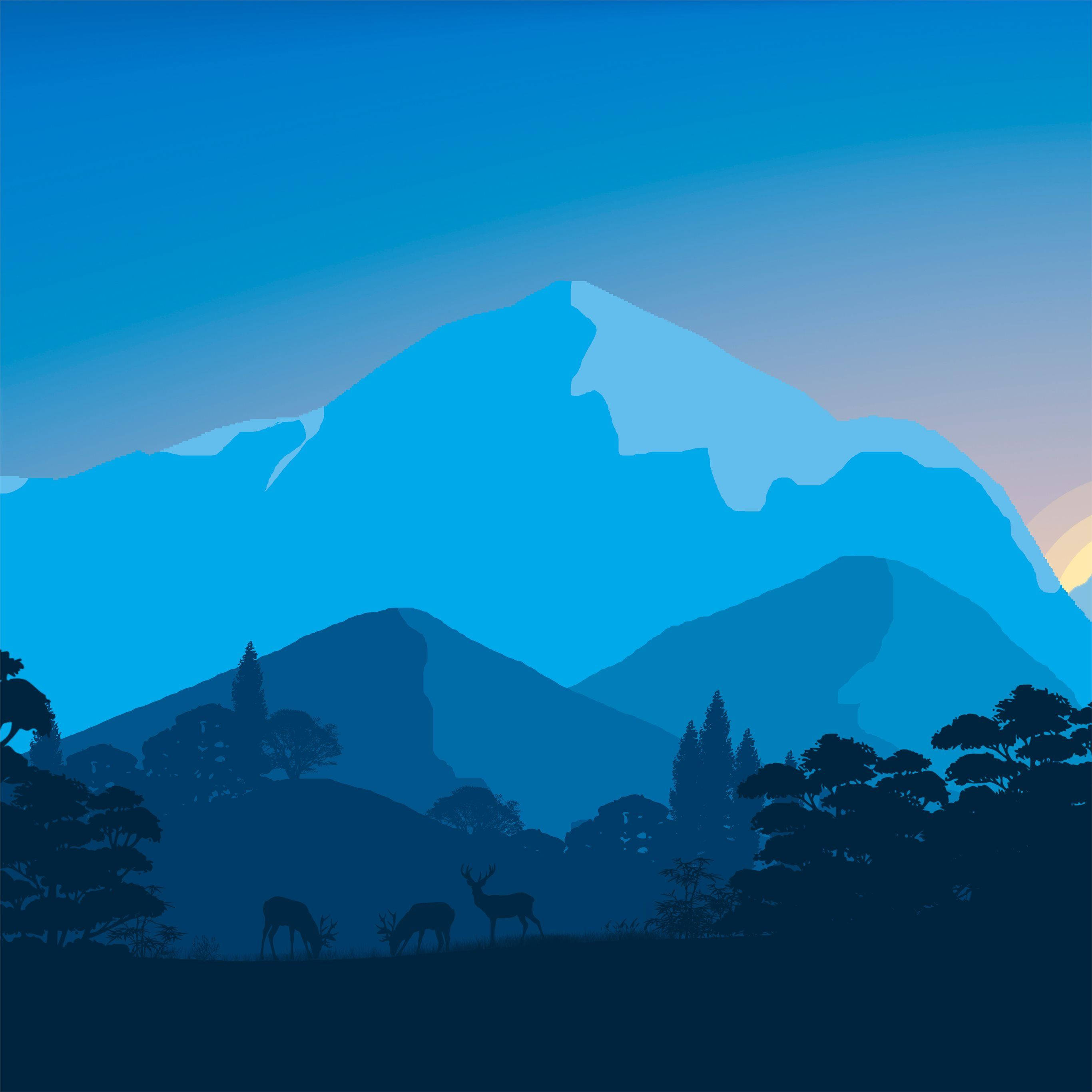 Mountain 桌布 壁紙 — 剪影鹿在沐浴在暮光藍色調中的雄偉山脈前吃草。