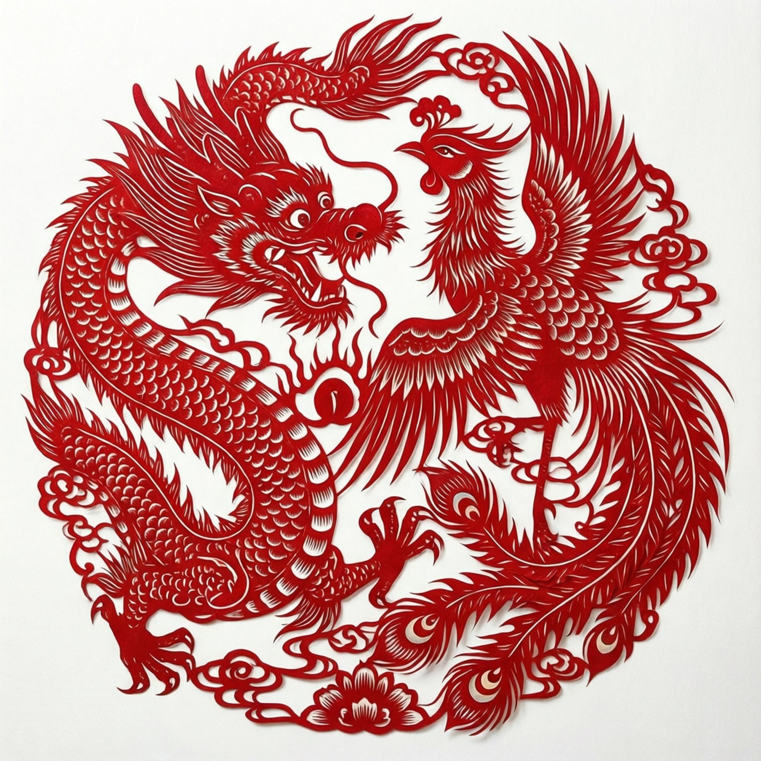 紅色剪紙龍和鳳凰在圓形設計中相對而立。