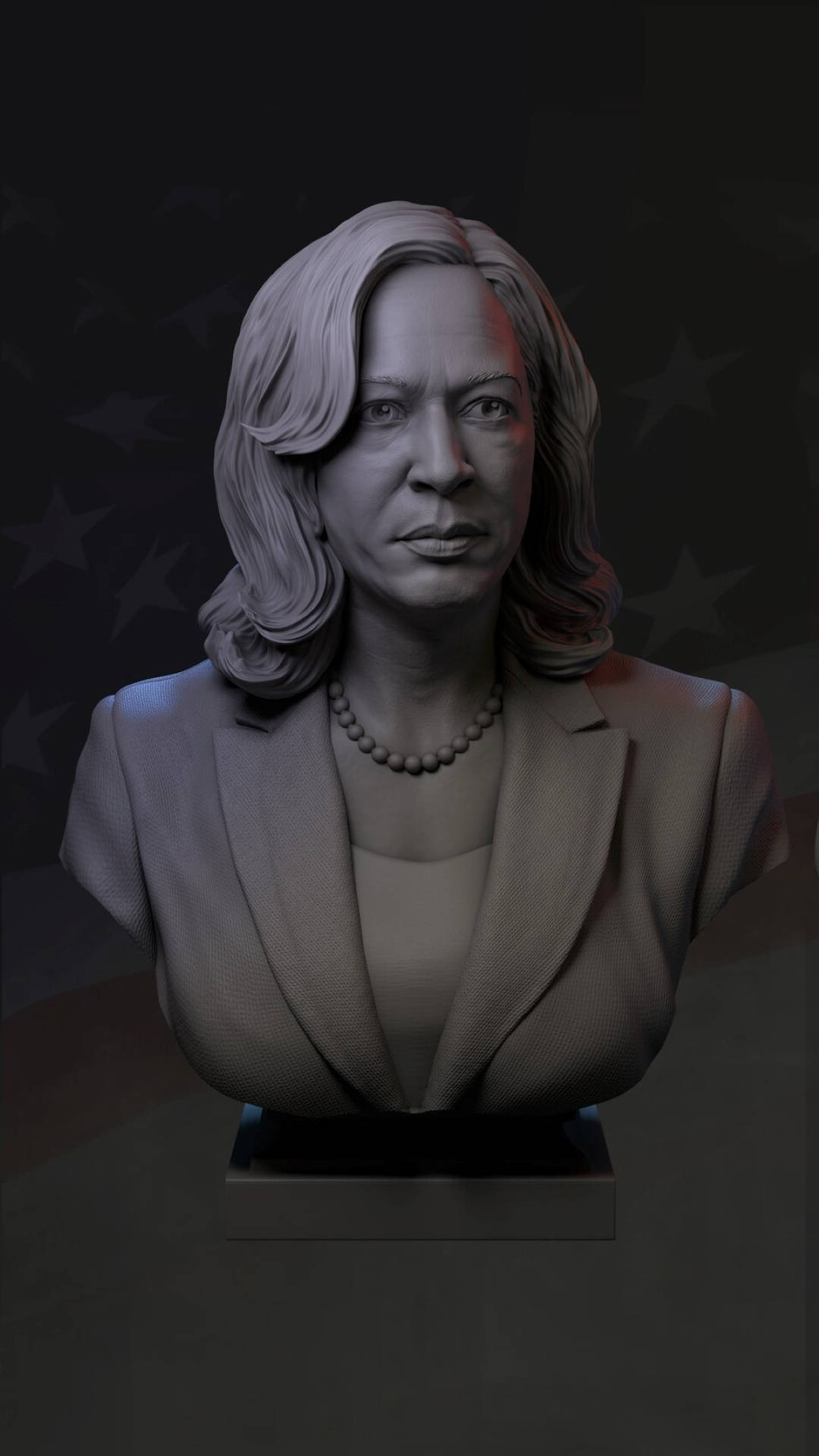 一個正式的3D渲染女性半身像，頭髮及肩，戴著珍珠項鍊。