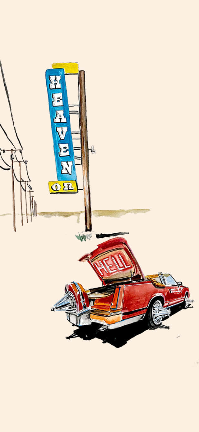 紅色復古車，車尾廂有「HELL」，停喺「HEAVEN OR」標誌附近。