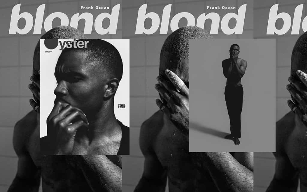 Frank Ocean 的黑白雜誌風格照片，帶有文字疊加。