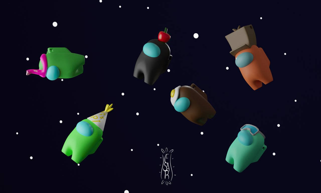 六個Among Us遊戲角色在星空中漂浮。 — 美學版 among US GIF 壁紙