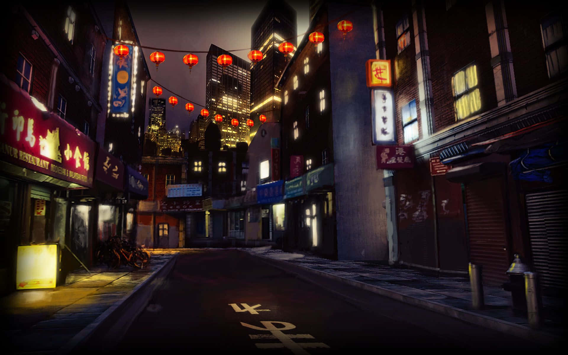創意Lo-Fi藝術 壁紙 — 夜晚寧靜的城市小巷，被發光的紅燈籠和霓虹燈招牌照亮，背景是高聳的城市建築。