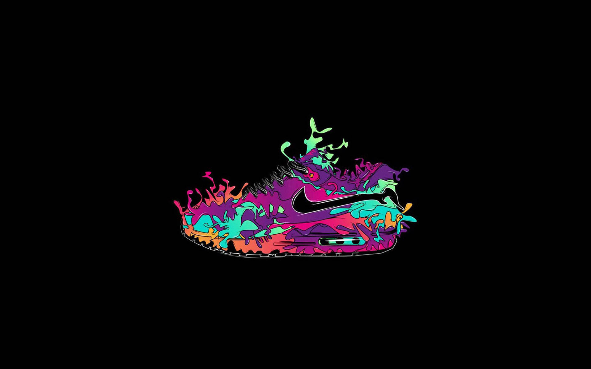 創意Nike卡通運動鞋 壁紙 — 一雙充滿活力的霓虹色運動鞋在純黑背景上爆發出色彩繽紛的油漆飛濺。