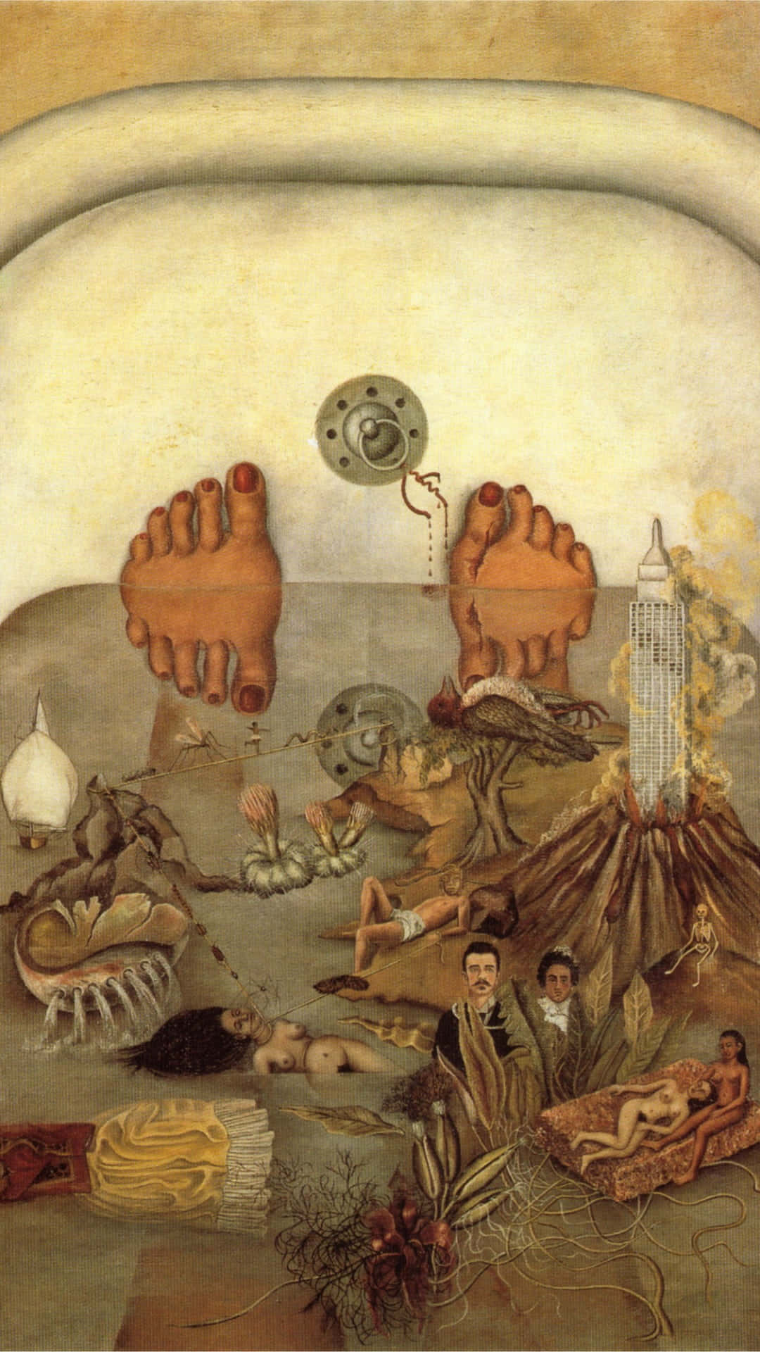創意先驅：弗里達·卡羅 壁紙 — 超現實繪畫描繪了一個夢幻場景，浴缸裡有巨大的腳，還有融化的時鐘、鳥類和融化的建築物。