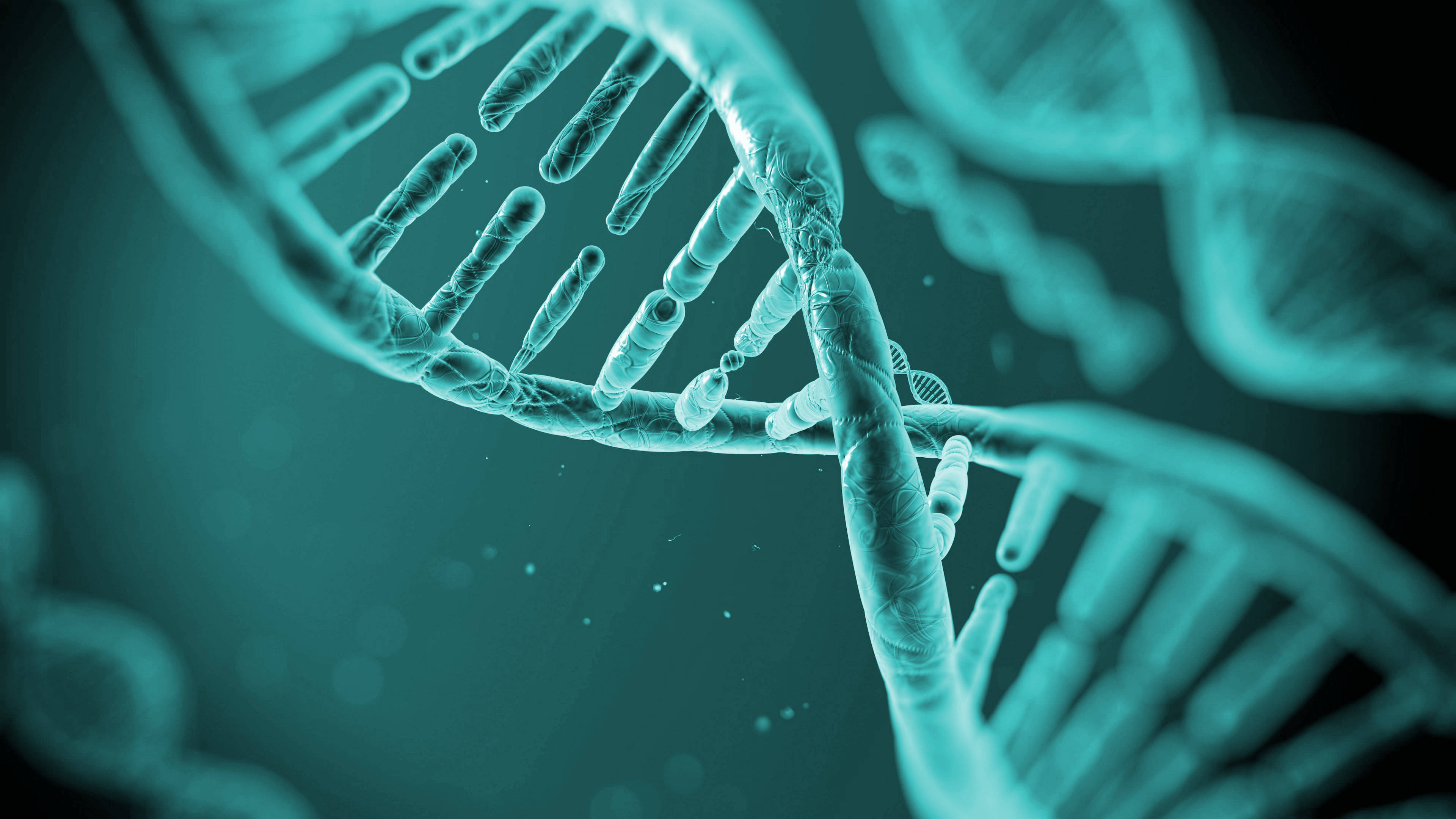 創意化學青色DNA 壁紙 — 一條發光的青綠色雙螺旋DNA鏈在黑暗背景中扭轉，帶有柔和的散景粒子。