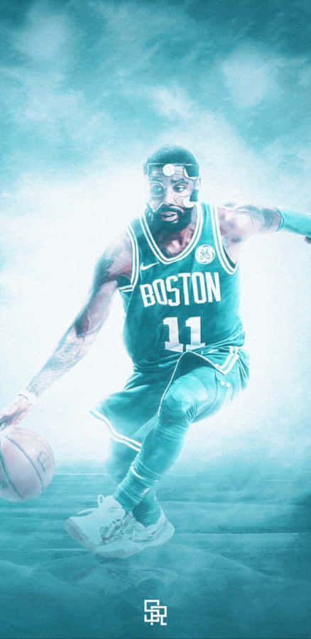 創意十足的 Kyrie Irving，冷靜如冰，準備迎戰 壁紙 — 一位身穿波士頓塞爾特人球衣的籃球運動員，在發光的迷濛藍色煙霧中專注地運球。