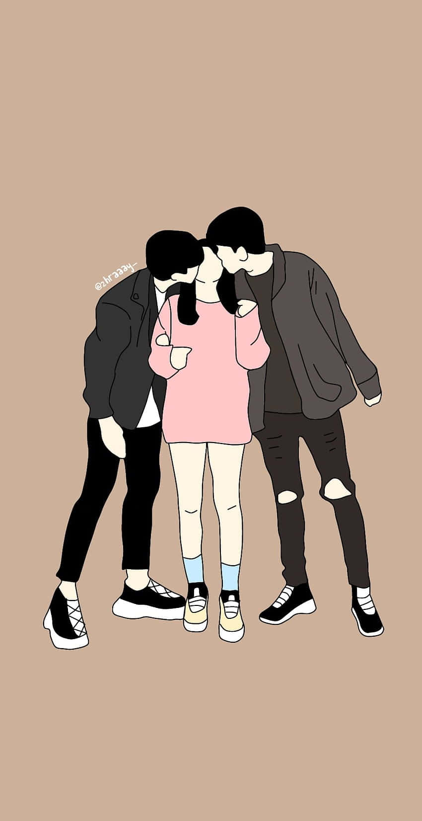兩名青少年在米色背景下親吻一名穿著粉紅色毛衣的女孩。
