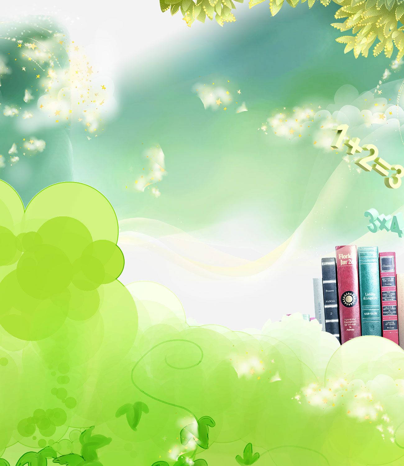 奇特的綠色背景，漂浮的數學方程式和書籍在發光的雲朵之間。