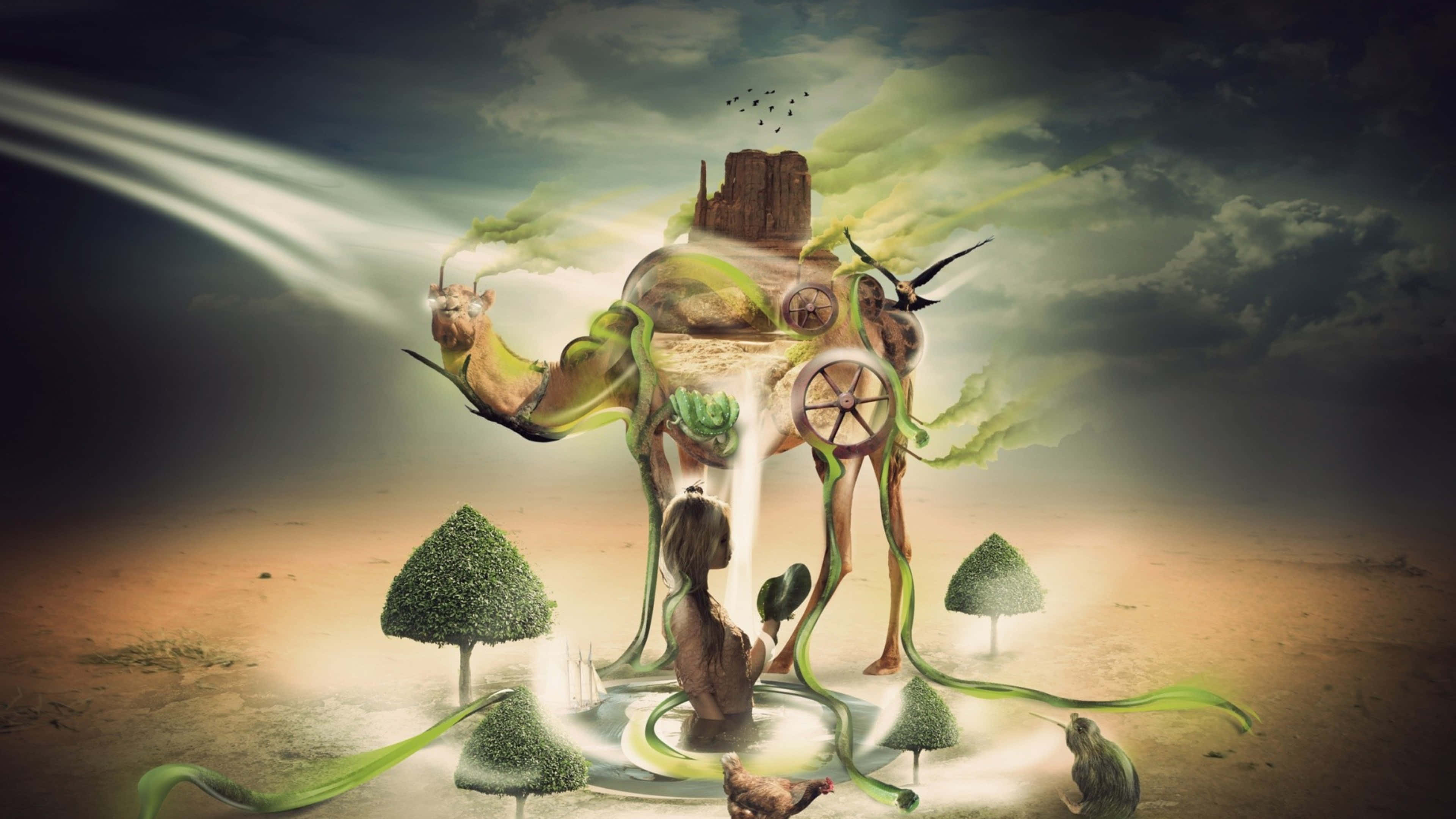 創意寫作 - 燃燒想像力 壁紙 — 一幅超現實數碼藝術作品，描繪一隻帶有機械部件和綠色藤蔓的巨型駱駝狀生物，站在貧瘠的景觀中，旁邊有一個跪著的人物和小樹。