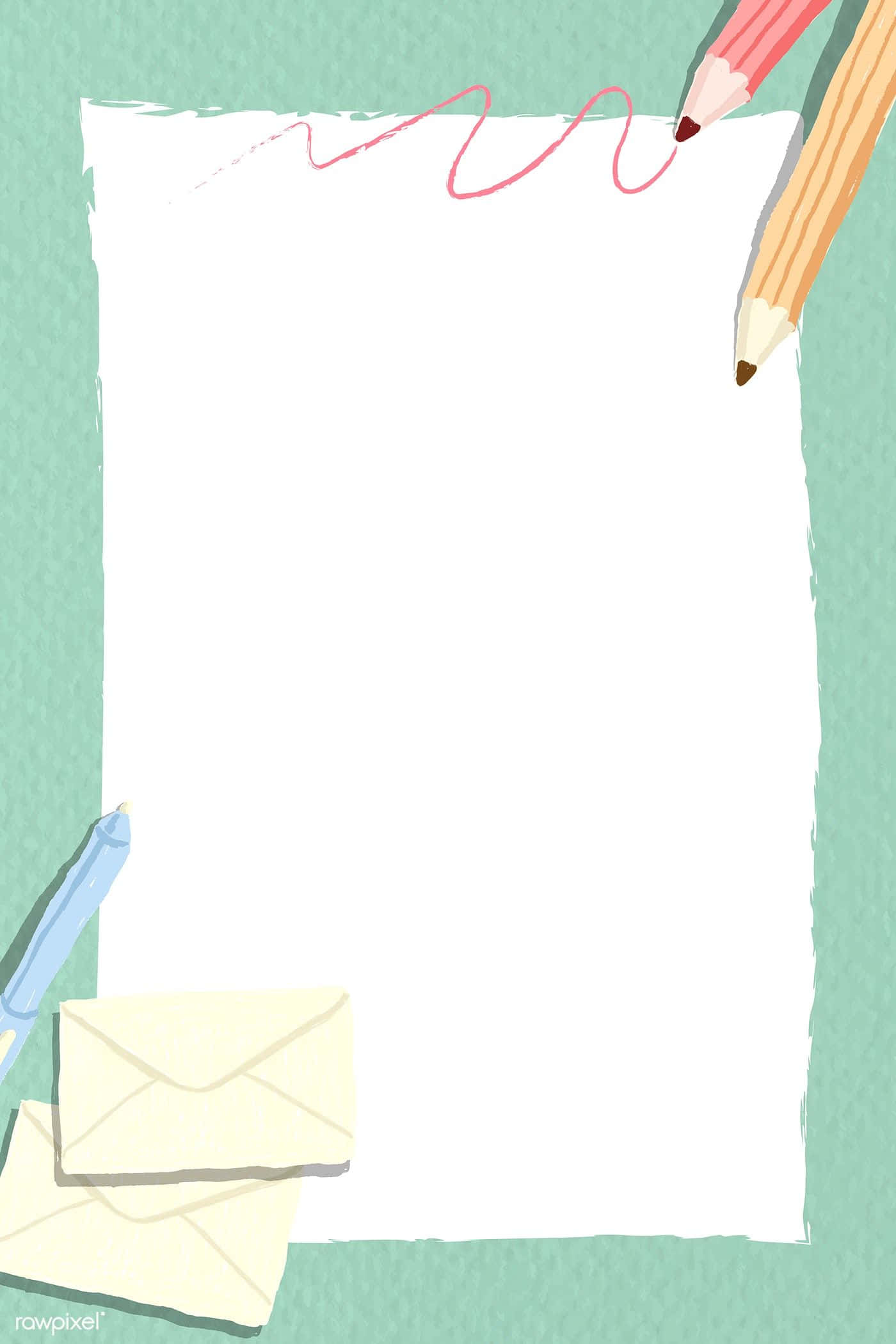 創意寫作文具佈置 壁紙 — 一張空白白紙，周圍係彩色鉛筆同信封，背景係薄荷綠色紋理。