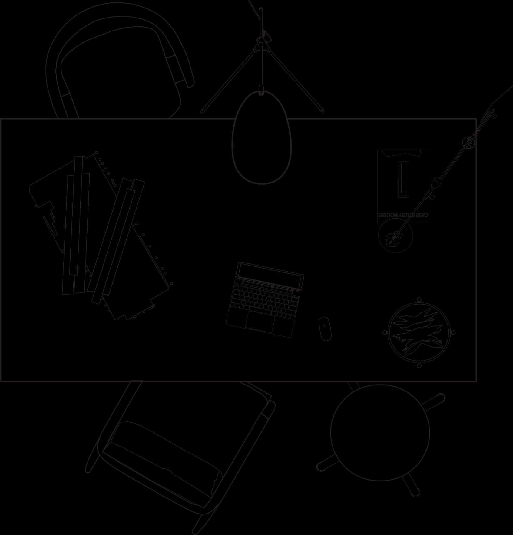 創意工作空間輪廓 壁紙 — 極簡黑白線條藝術，俯視角度展示一個設有手提電腦、咪高峰、耳機和書本的家居工作室工作空間。