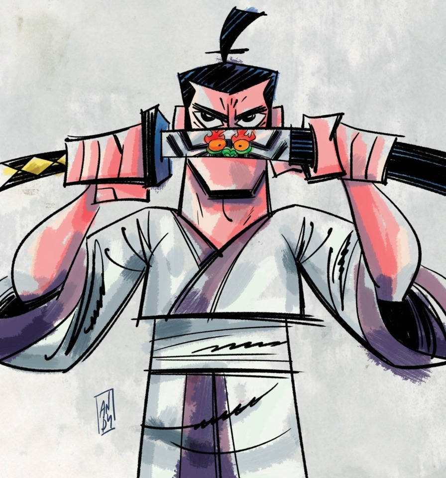兇猛的武士手持武士刀橫在臉前，身穿傳統盔甲。