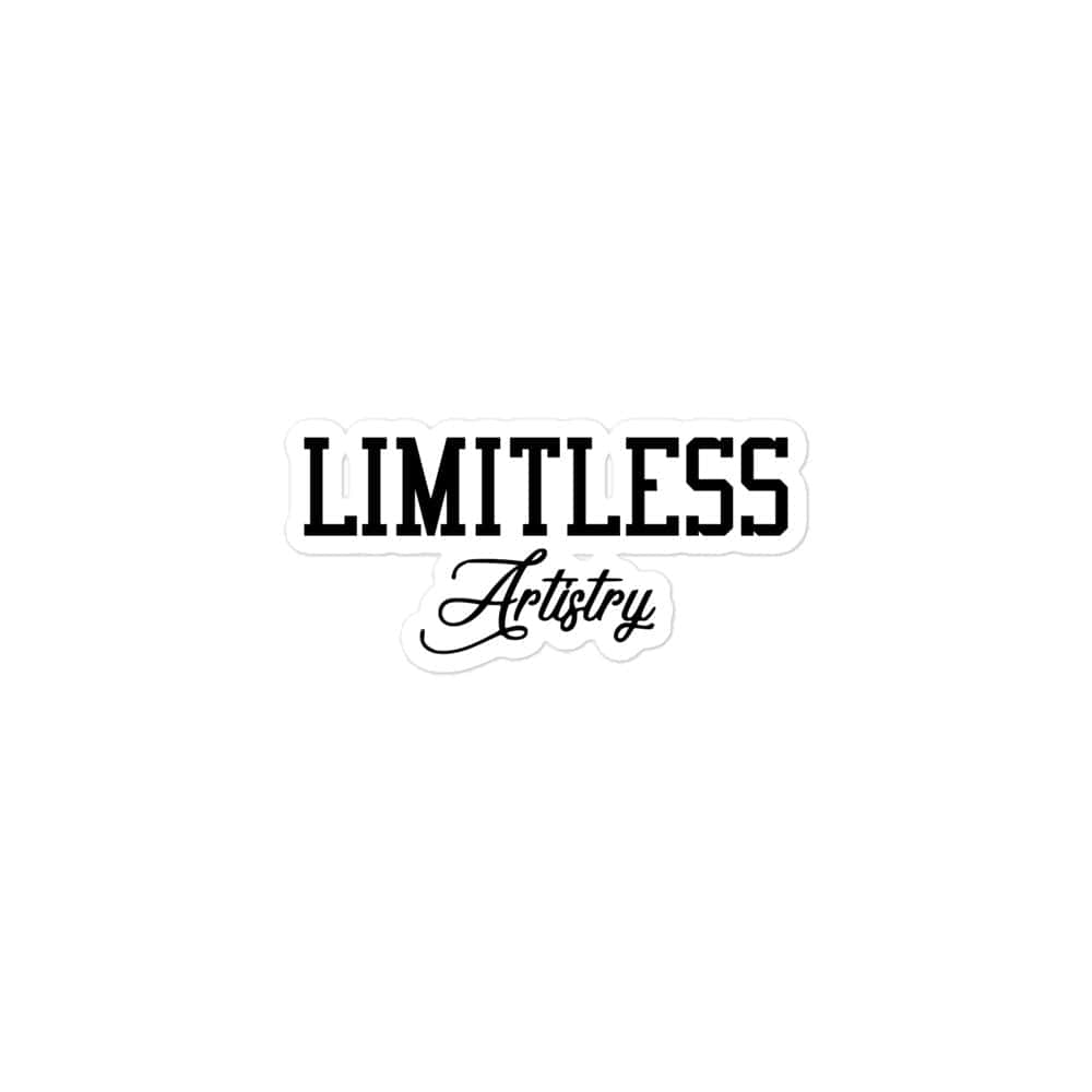 黑白貼紙，上面有 LIMITLESS Artistry 字樣，使用粗體和手寫字體。
