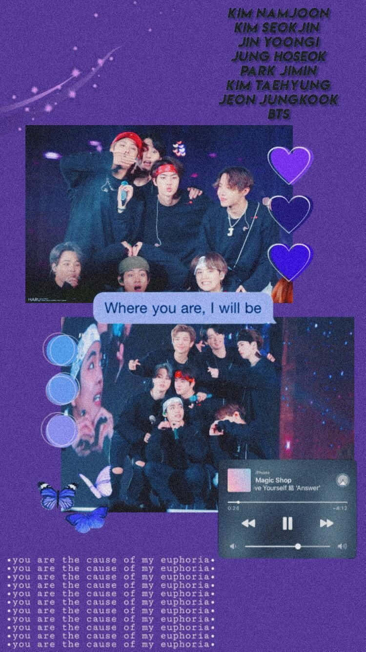 BTS粉絲拼貼畫，在星空背景上帶有紫色心形、蝴蝶和歌詞。